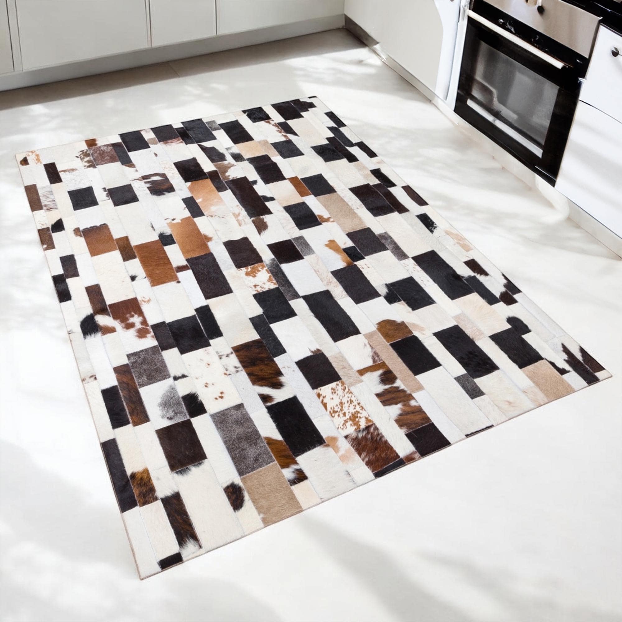 Dana Derisi Patchwork Halı – El Yapımı Bej Kahverengi Büyük Salon Halısı