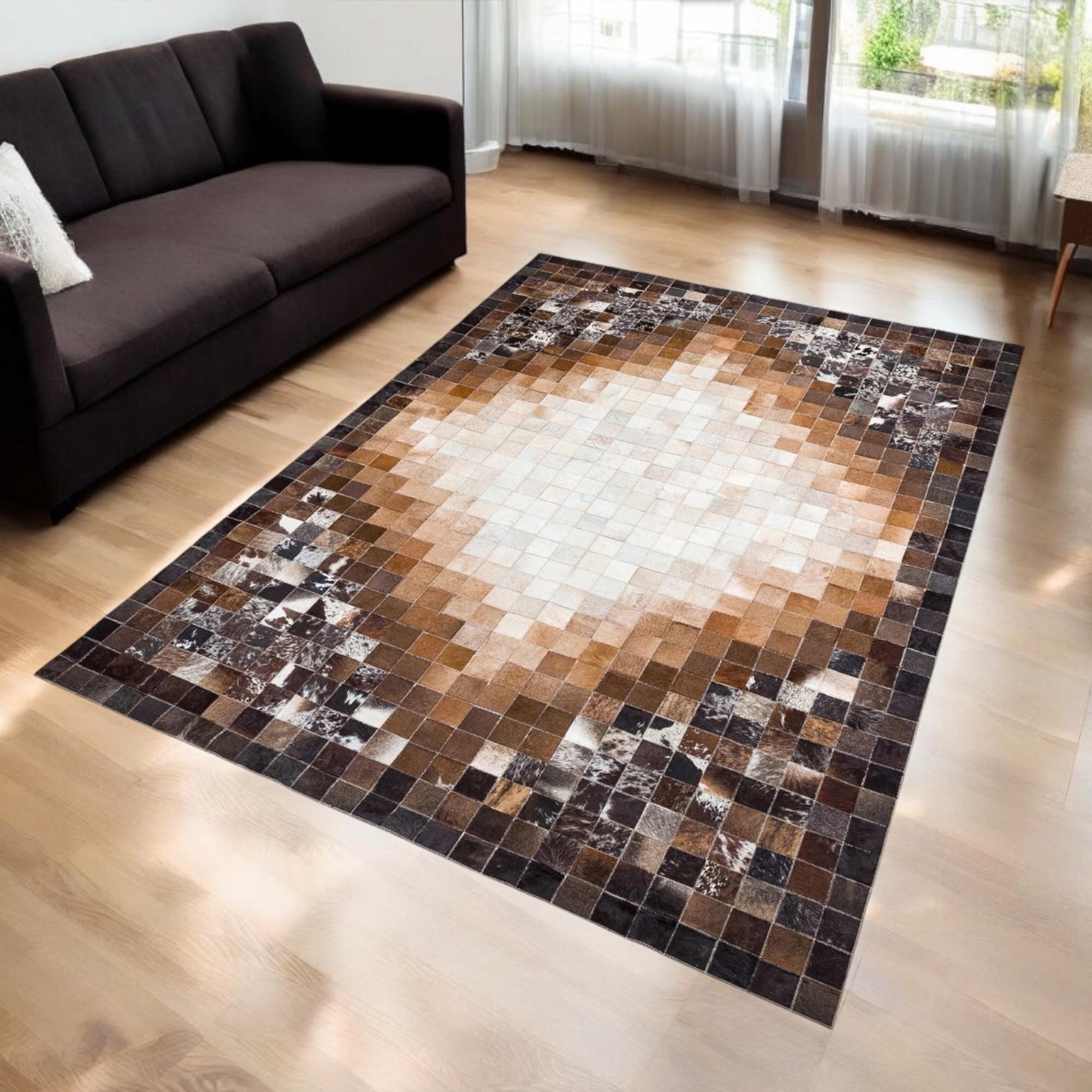Kahverengi, Doğal Dana Derisi Patchwork Halı