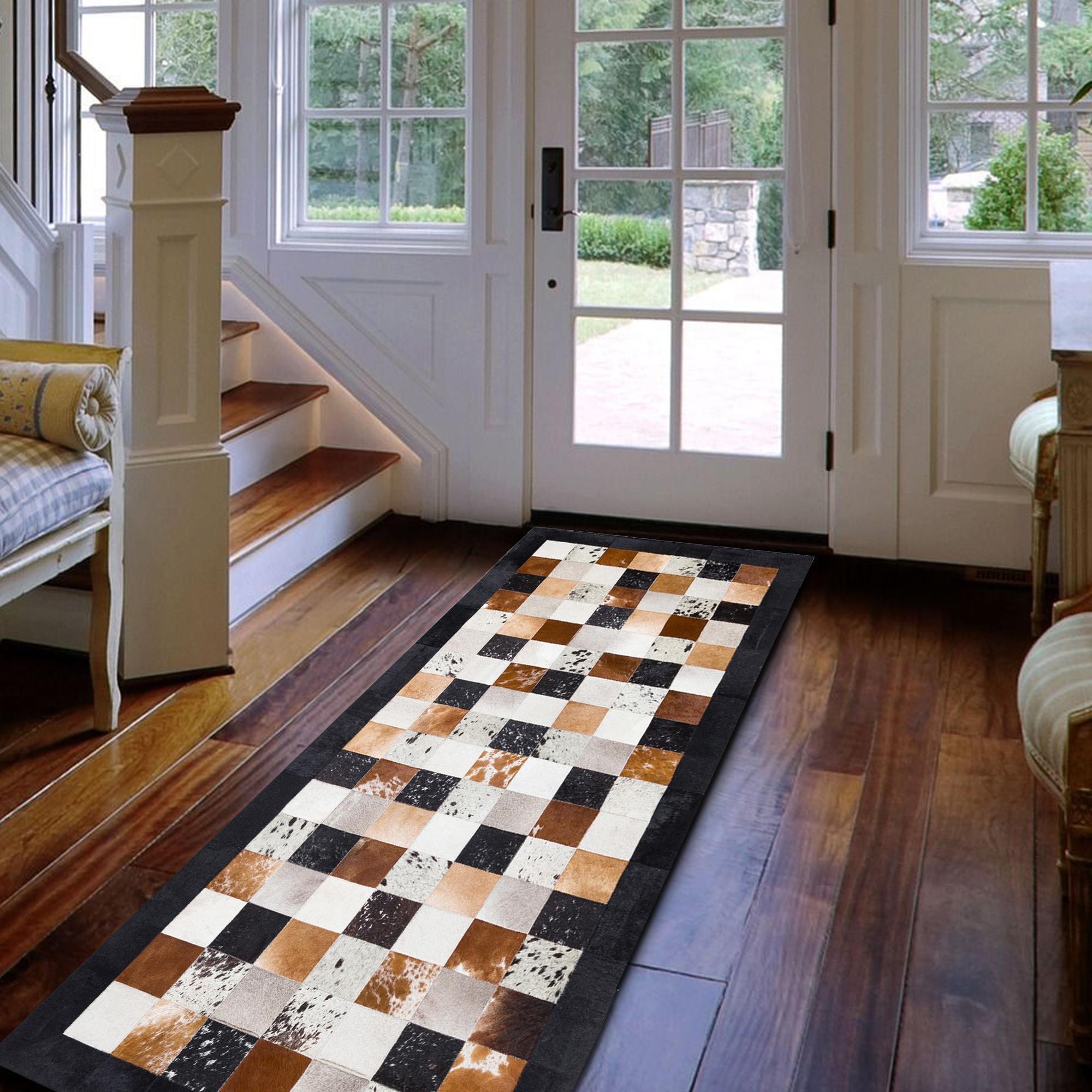 Doğal Dana Derisi Patchwork Halı – El Yapımı Canlı Renkli Giriş Halısı