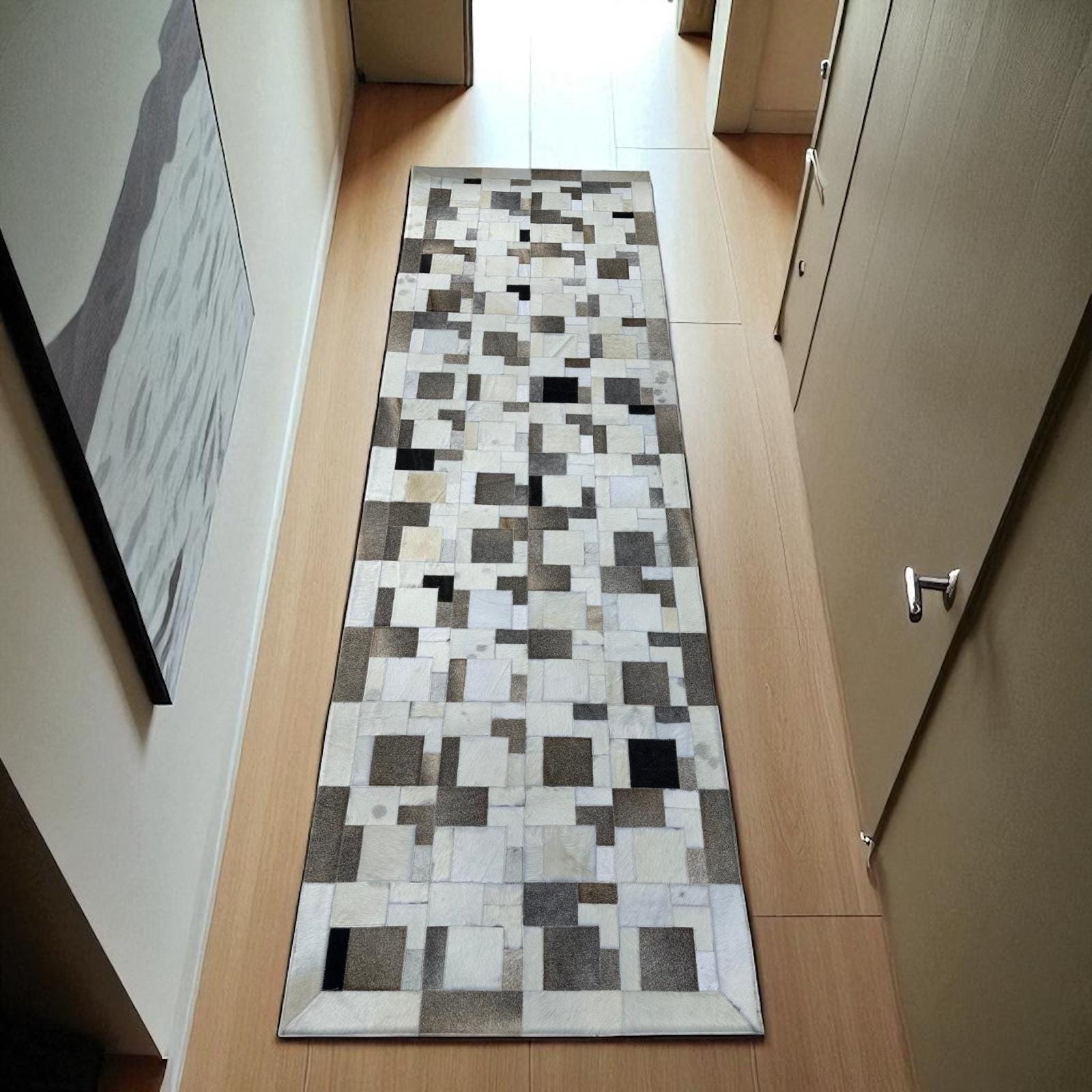 Beyaz, Gri Dana Derisi Patchwork Halı
