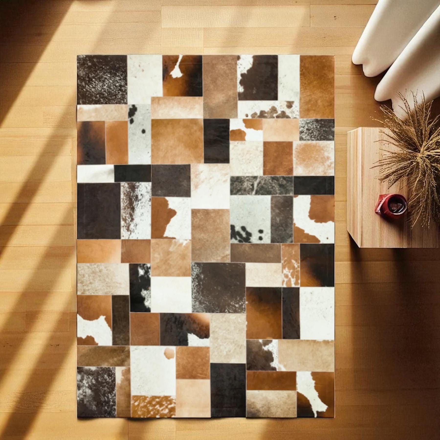 Kahverengi Beyaz Patchwork Halı – El Yapımı Dana Derisi Modern Ortam Halıs