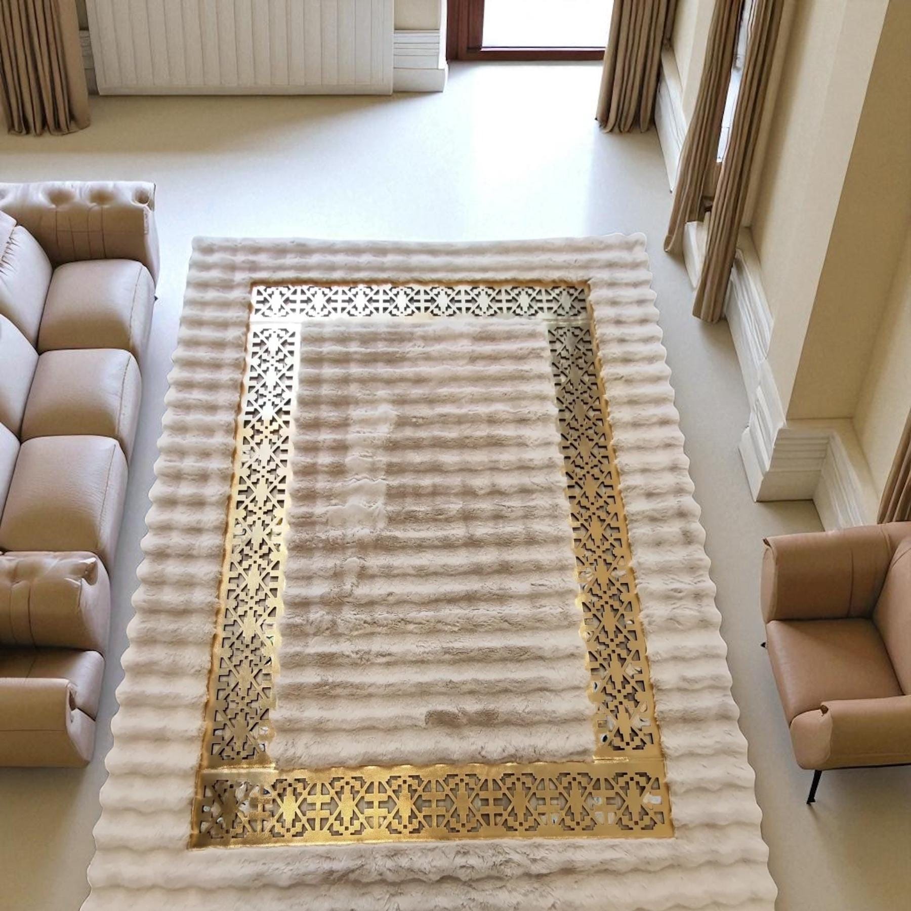 Krem Rengi Modern Desenli Peluş Halı