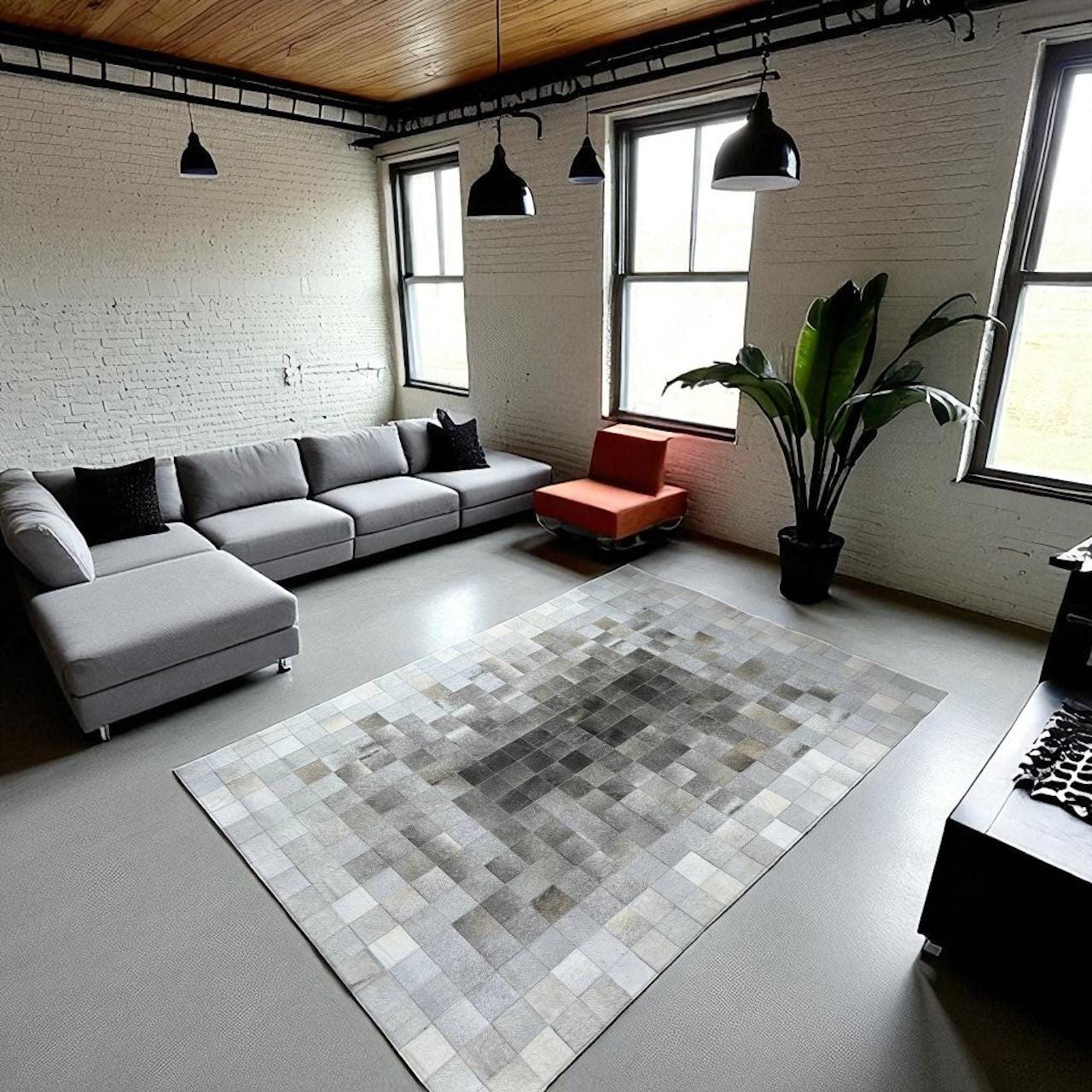 Gri, Doğal Dana Derisi Patchwork Halı