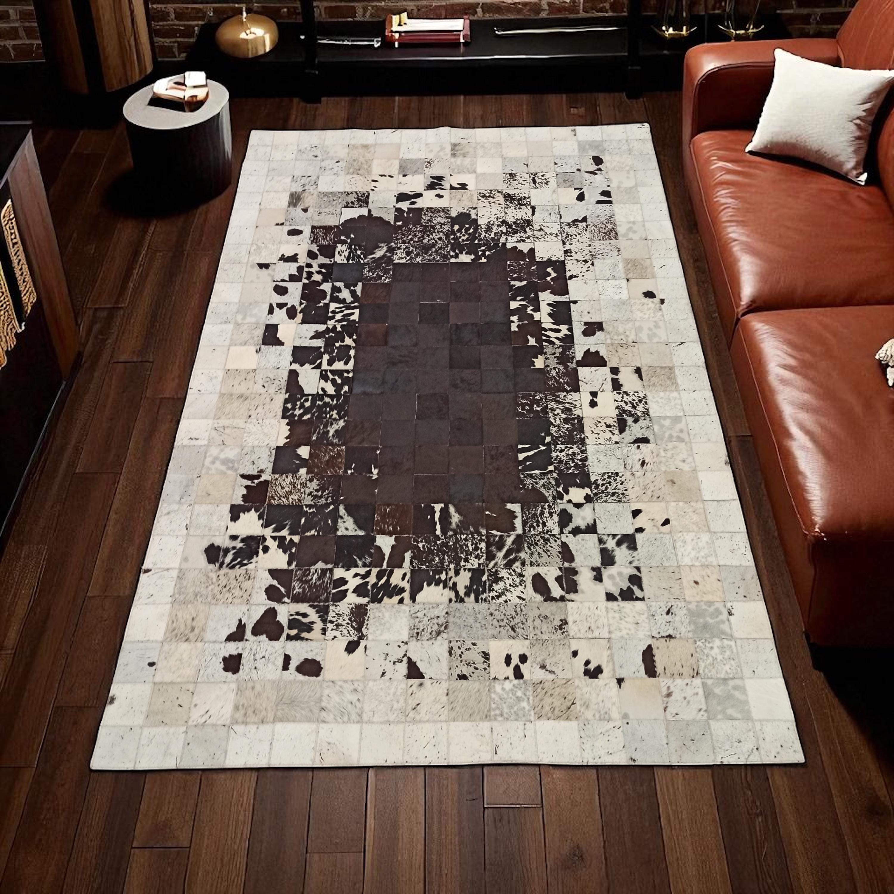 Kahverengi, Beyaz, Doğal Dana Derisi Patchwork Halı