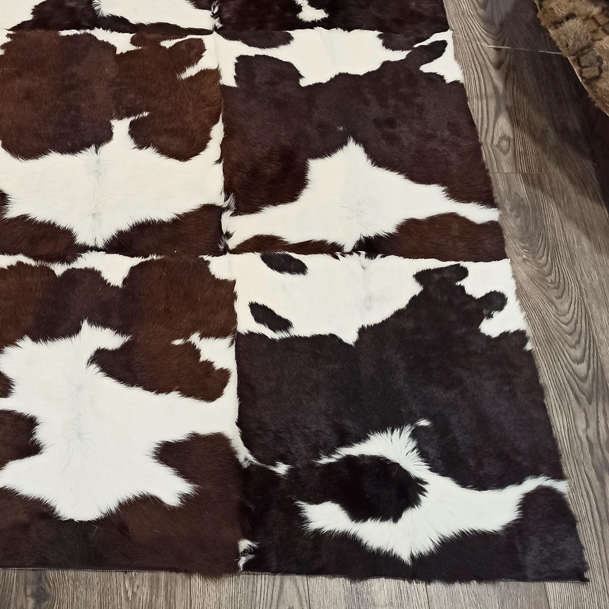 Doğal Dana Derisi Patchwork Halı – Kahverengi Beyaz Tonlarda El Yapımı Şık Halı