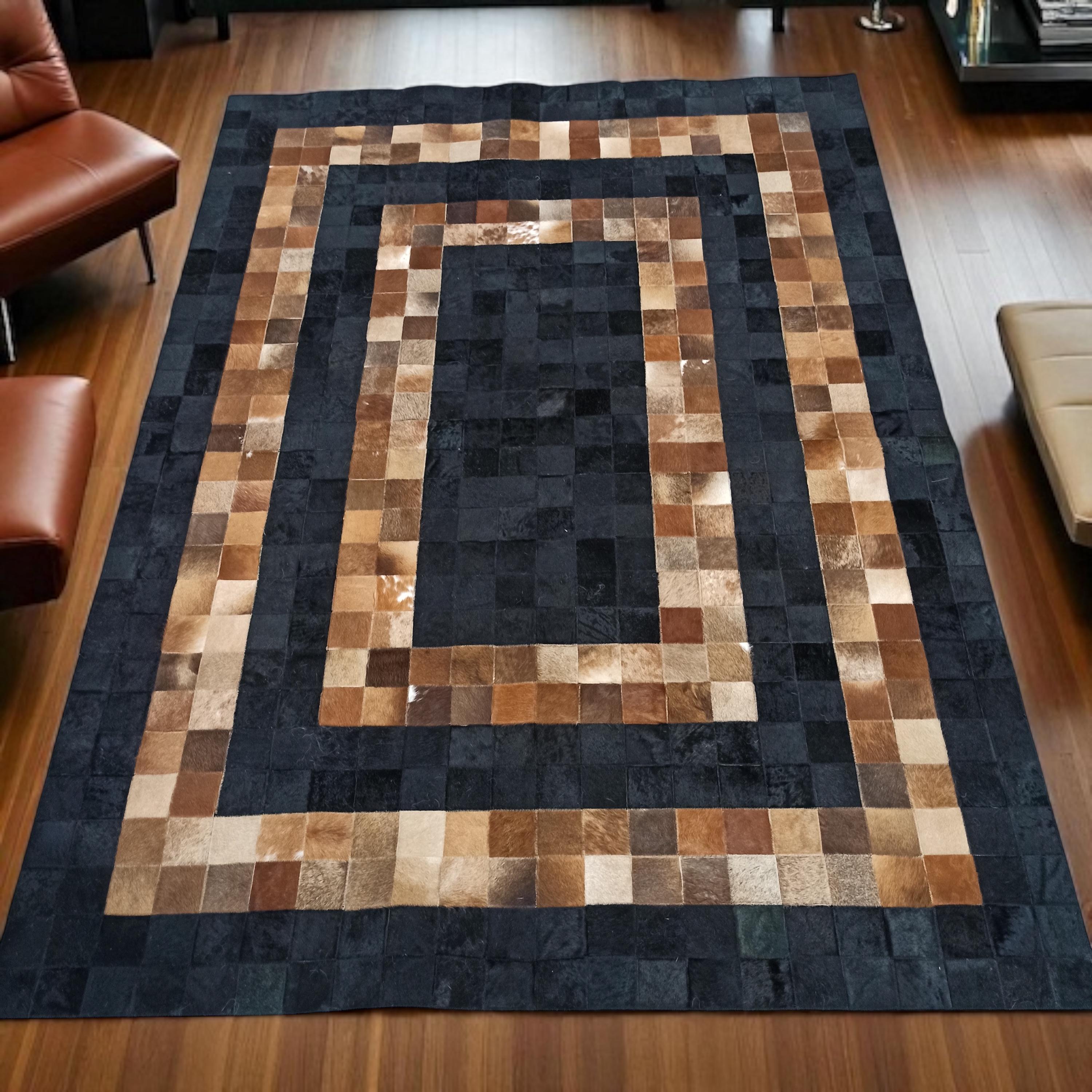 Kahverengi Siyah Patchwork Halı – El Yapımı Doğal Dana Derisi Oturma Odası Halısı
