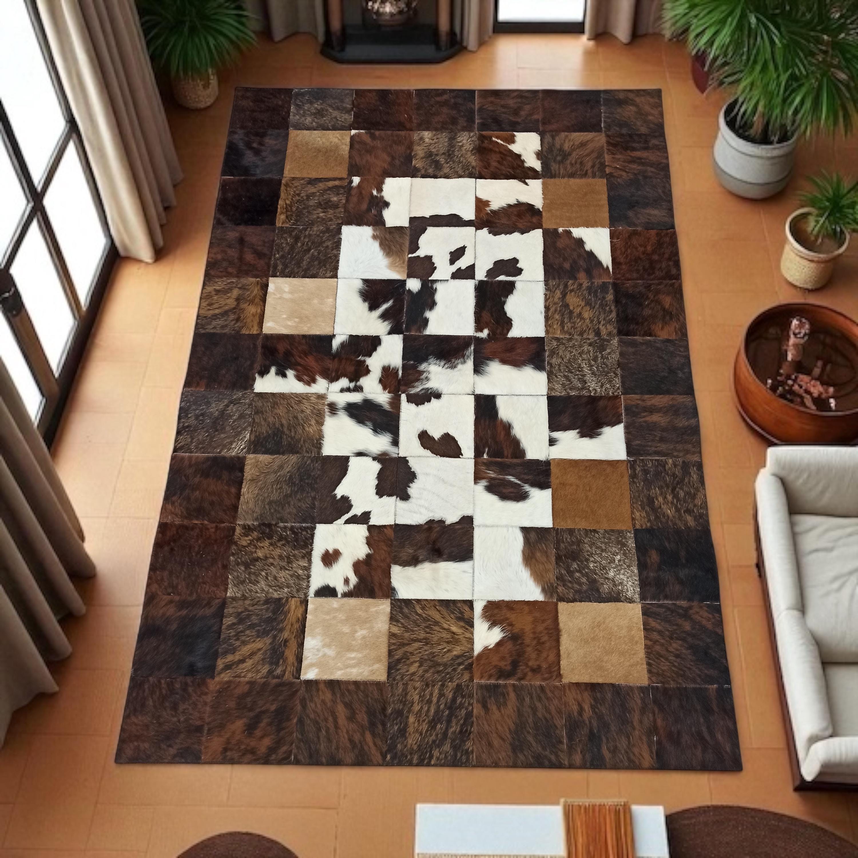El Yapımı Patchwork Halı – Kahverengi Siyah Beyaz Renkli Doğal Dana Derisi Halı