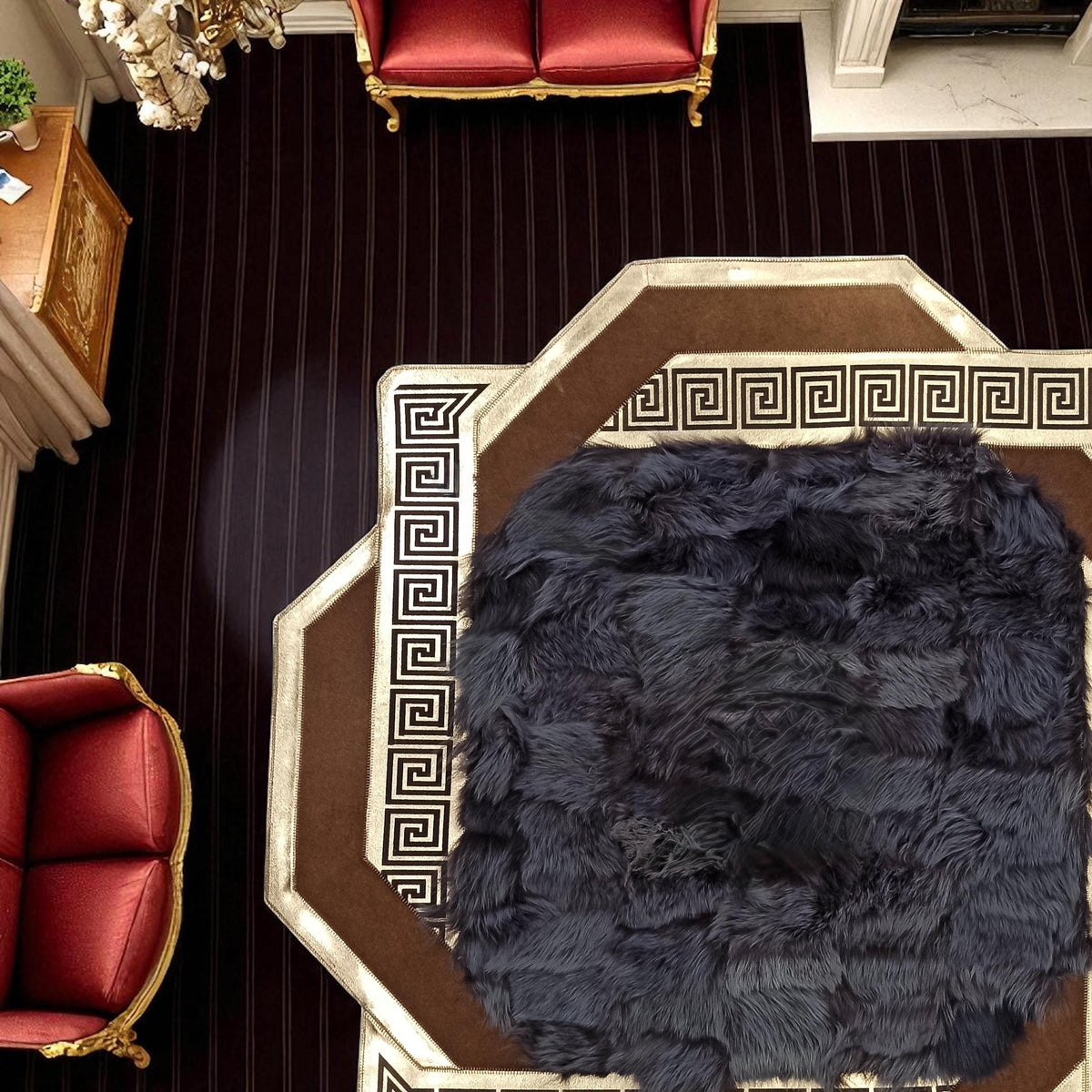 Altın Bordürlü Siyah Toskana Kürkü Halı – El Yapımı Şık ve Yumuşak Salon Halısı – görsel 4