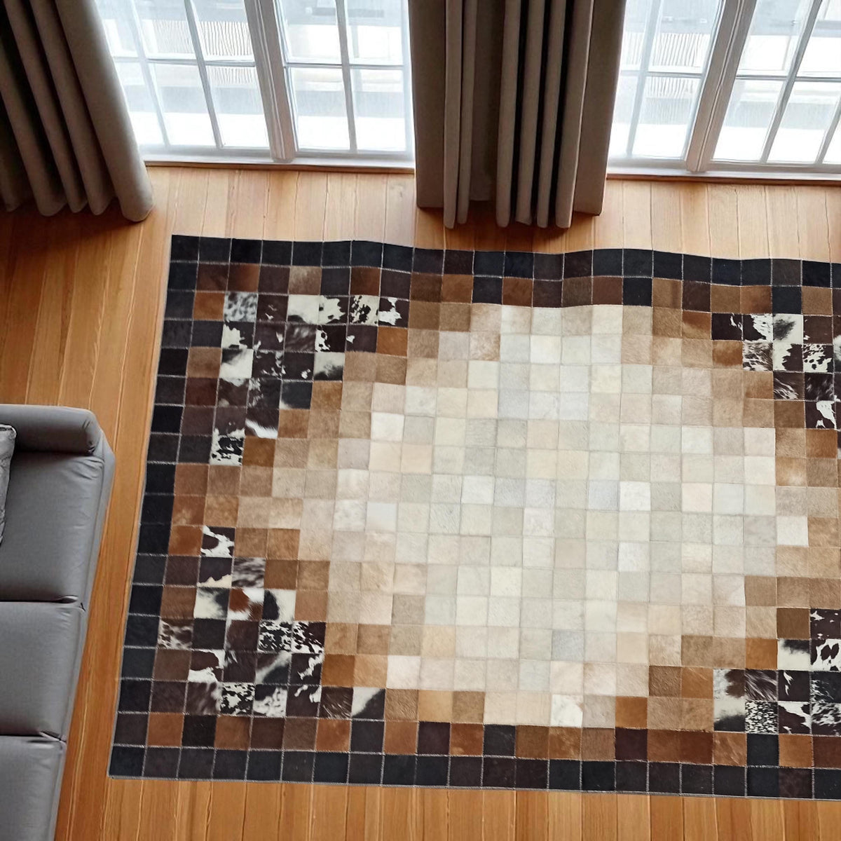Üç Renkli Patchwork Halı – Kahverengi Ağırlıklı El Yapımı Dana Derisi Halı – görsel 5