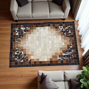 Üç Renkli Patchwork Halı – Kahverengi Ağırlıklı El Yapımı Dana Derisi Halı – görsel 4