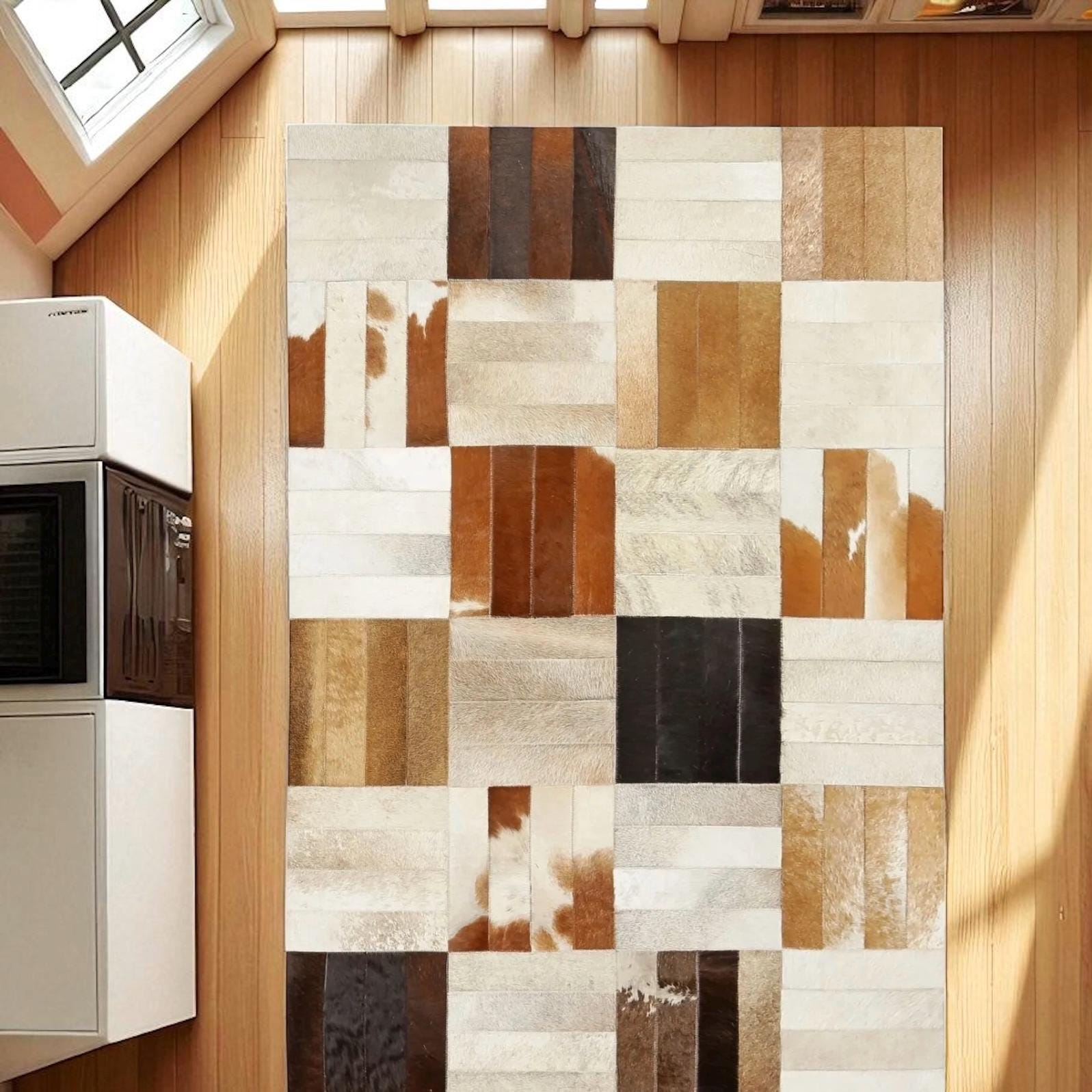 Krem Kahve Renkli Dana Derisi Halı – El Yapımı Patchwork Şık Yatak Odası Halısı