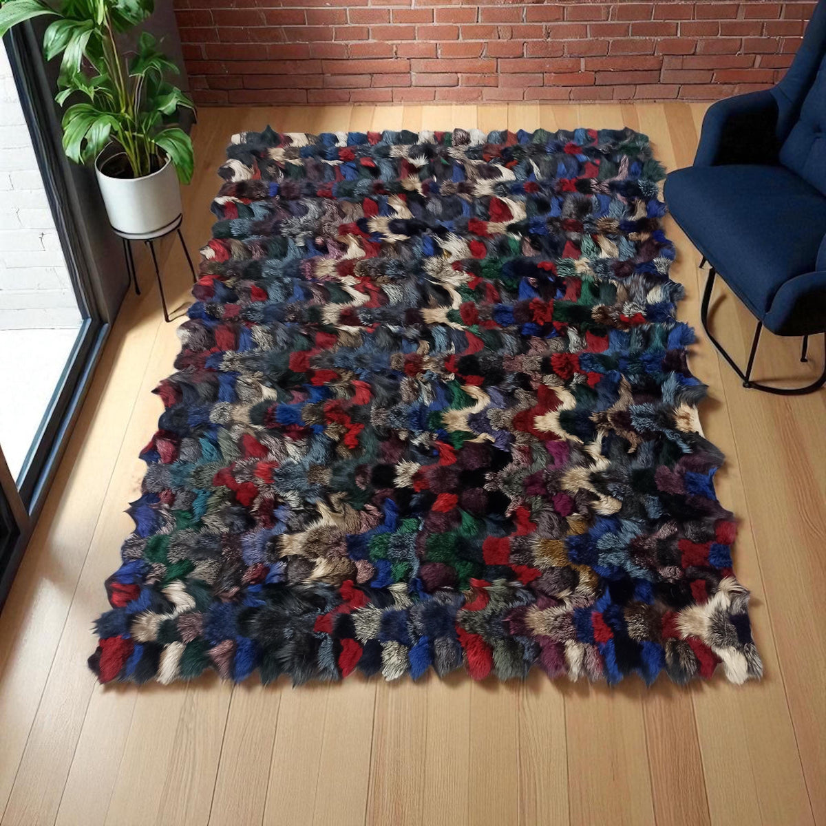 Çok Renkli Tilki Kürkü Halı – El Yapımı Doğal Kürk Salon Halısı – görsel 5