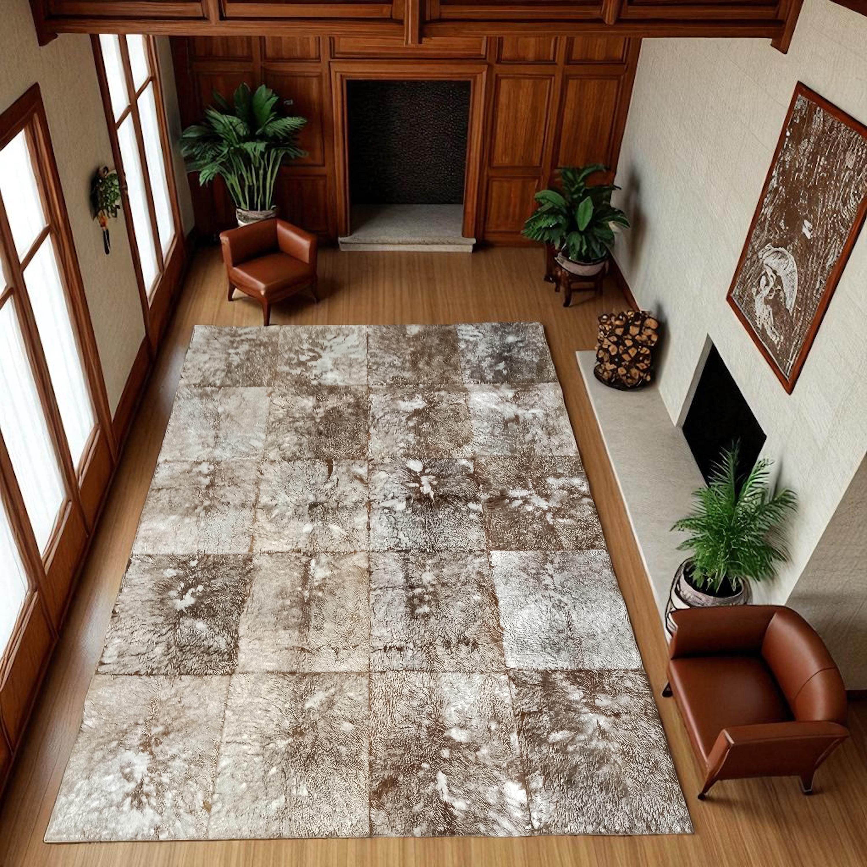 Kahverengi, Beyaz, Doğal Dana Derisi Patchwork Halı