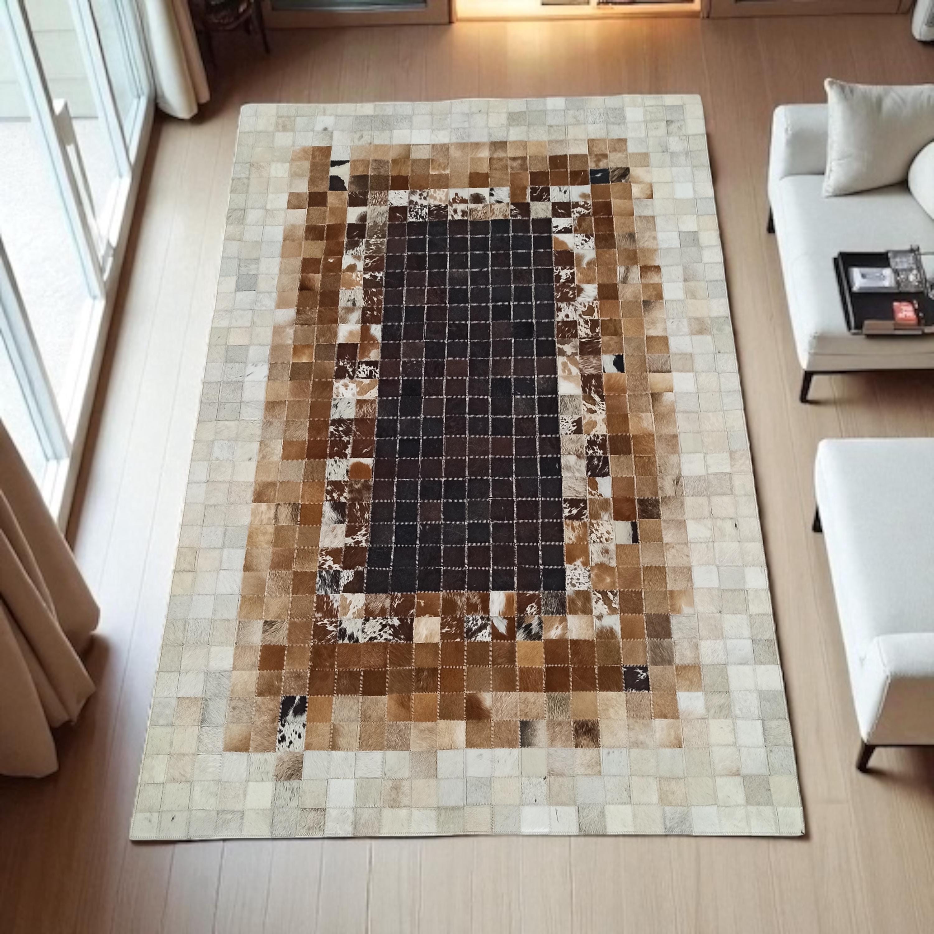 Bej Kahverengi Patchwork Halı – El Yapımı Doğal Dana Derisi Modern Salon Halısı