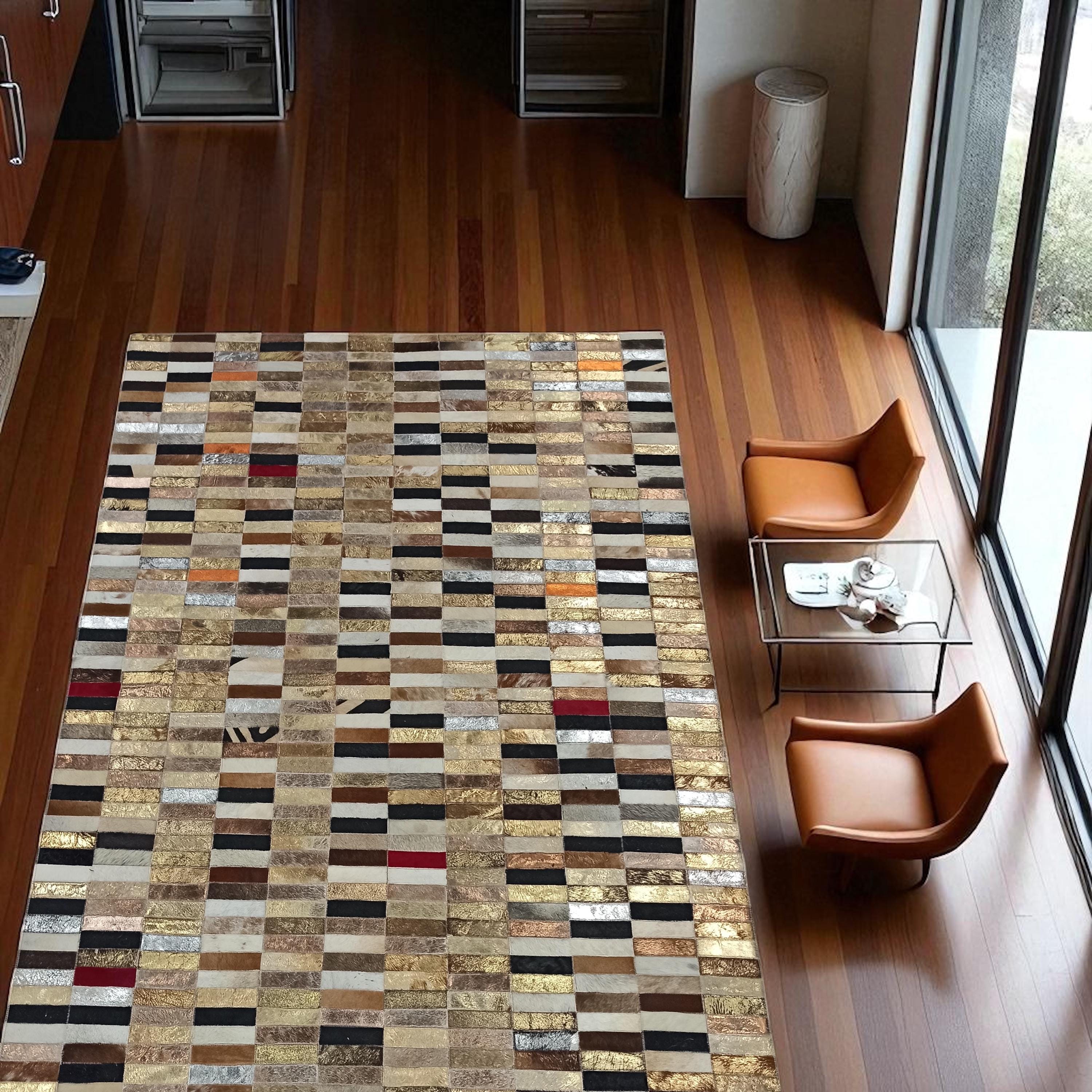 Altın Gümüş Dana Derisi Patchwork Halı – El Yapımı Işıltılı Lüks Salon Halısı