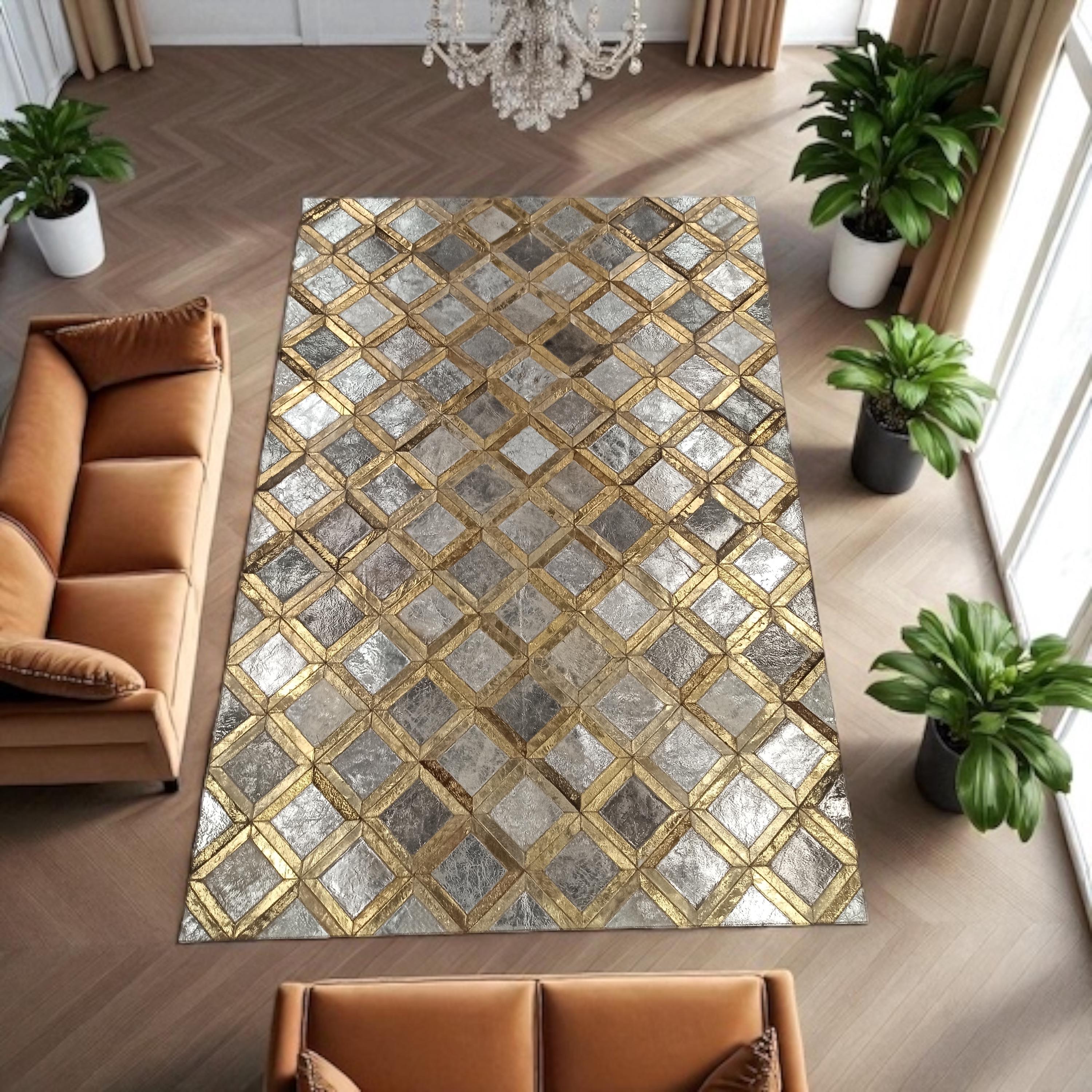 Parlak Patchwork Halı – Altın Gümüş Detaylı El Yapımı Doğal Dana Derisi Halı