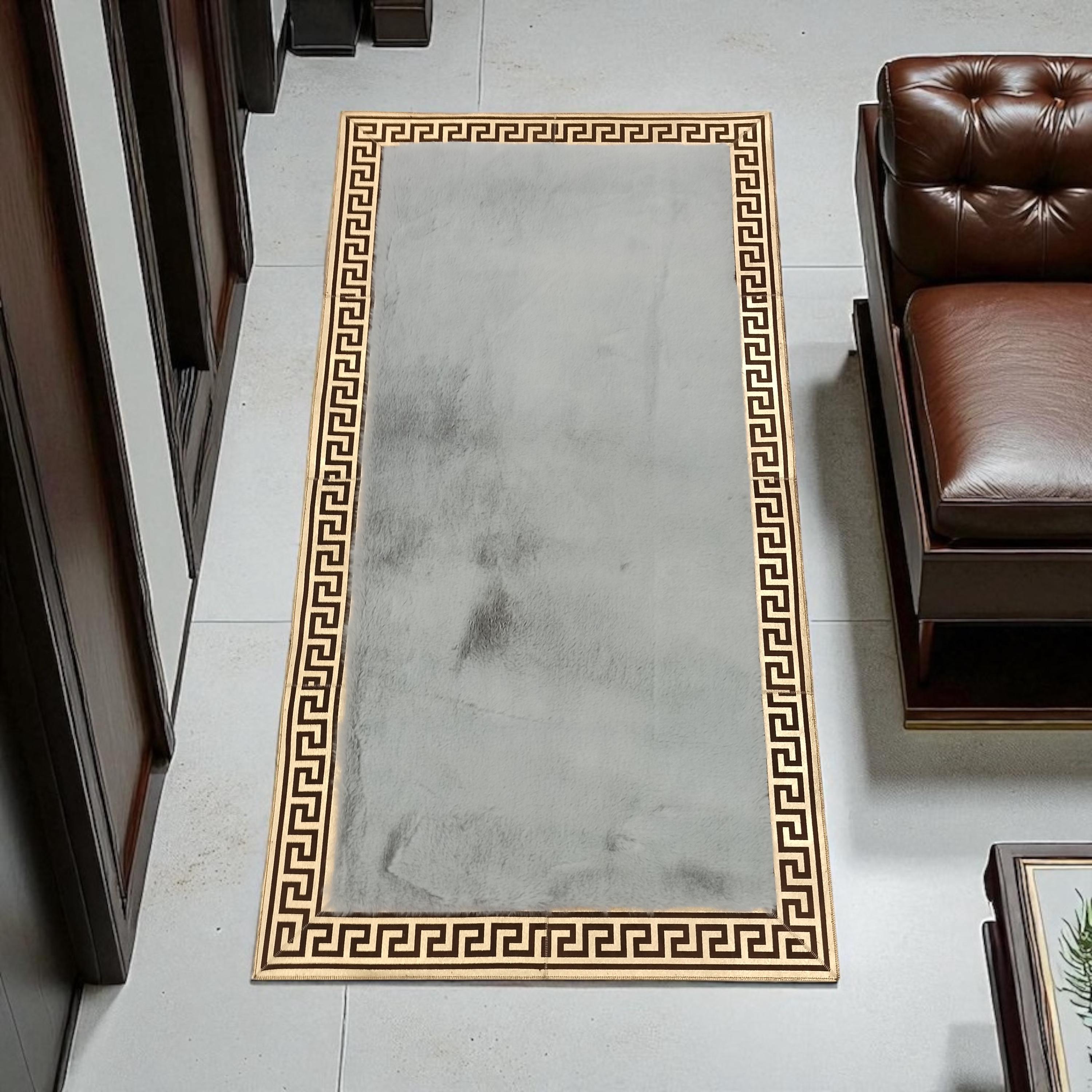 Altın Bordürlü Gri Tonlarında Modern Peluş Halı - Yumuşak Ortam Halısı