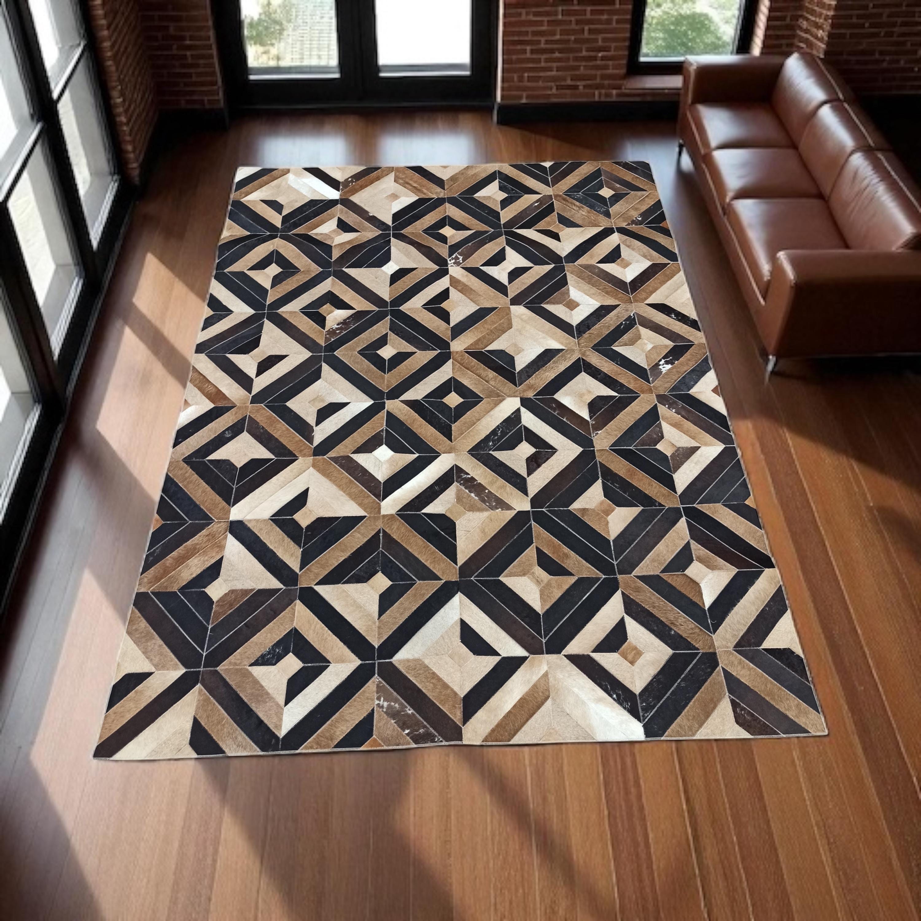 Kahverengi Siyah Patchwork Halı – Doğal Dana Derisi El Yapımı Büyük Halı