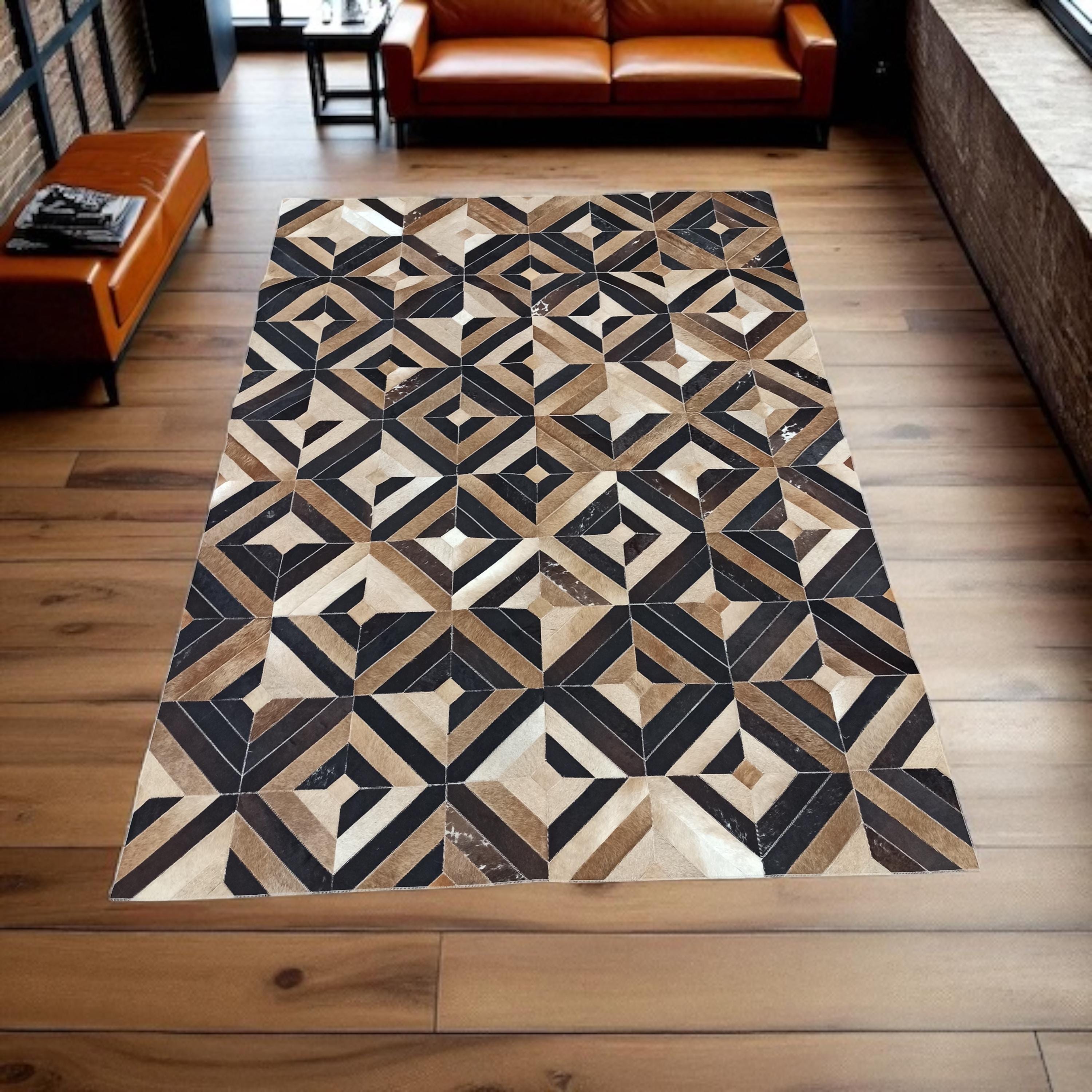 Kahverengi Siyah Patchwork Halı – Doğal Dana Derisi El Yapımı Büyük Halı