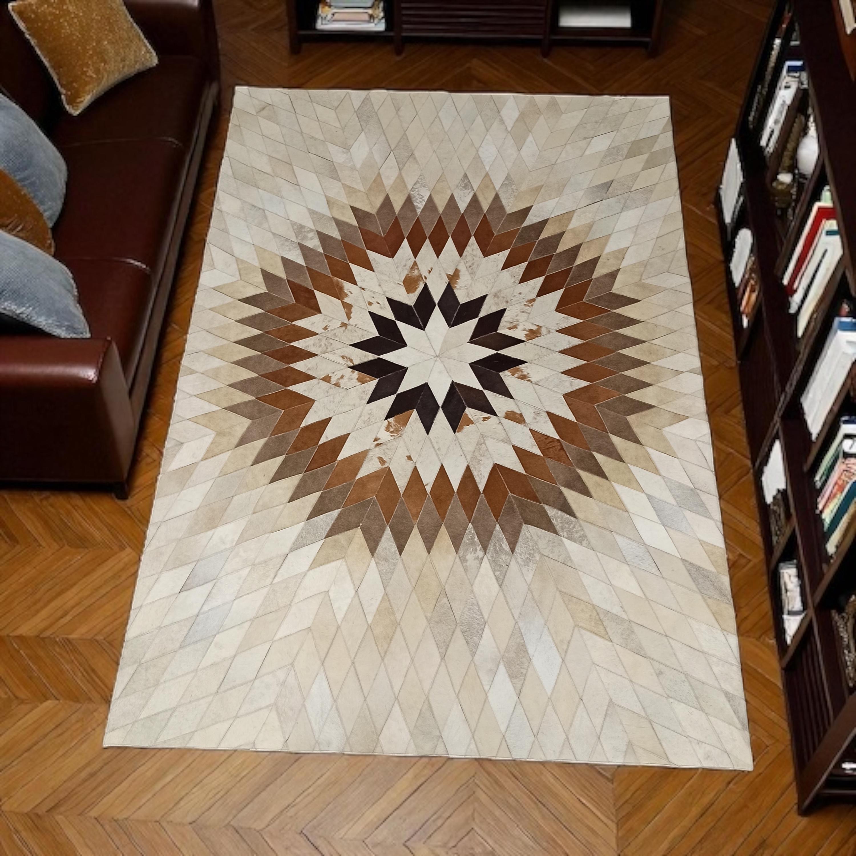 El Yapımı Patchwork Halı – Kahverengi Bej Renkli Doğal Dana Derisi Halı