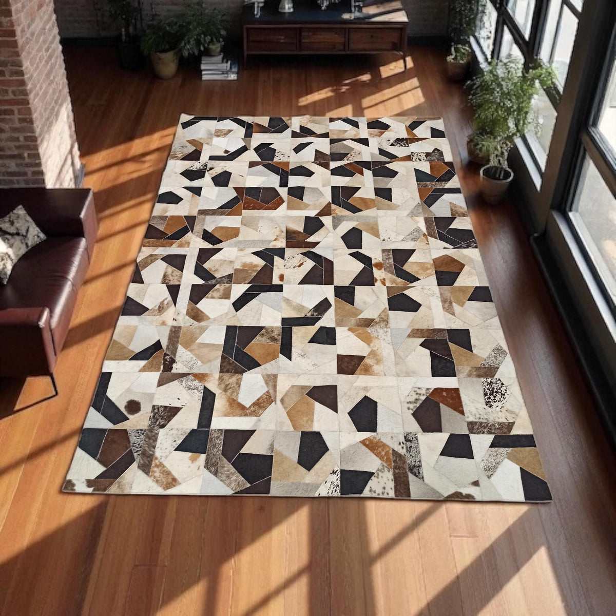 El Yapımı Dana Derisi Patchwork Halı – Modern ve Şık Salon Halısı – görsel 3
