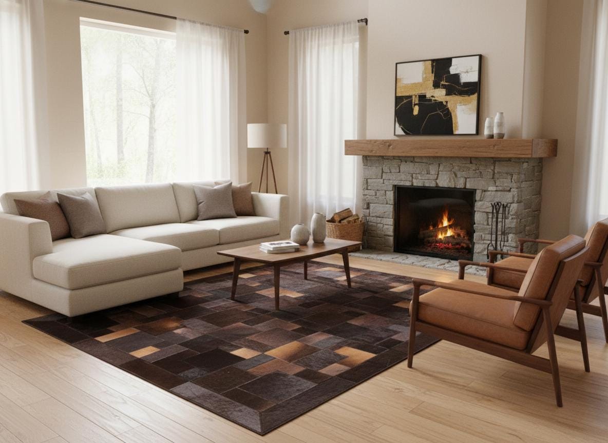 Koyu Kahverengi Tonlu Dana Derisi Patchwork Halı – El Yapımı Doğal Deri Dekoratif Halı