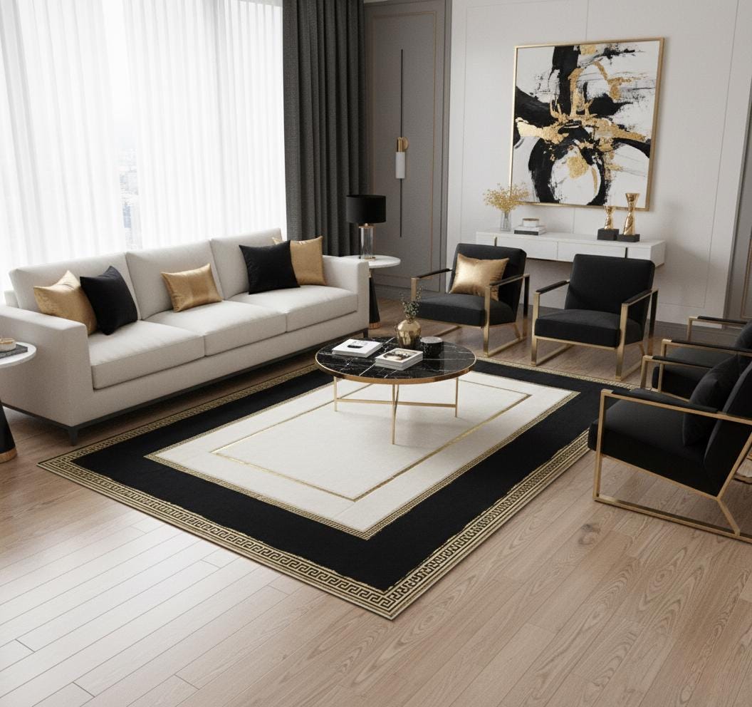 Beyaz Zeminli Siyah ve Altın Çerçeve Detaylı Peluş Halı – Yumuşak Dokulu Dekoratif Halı