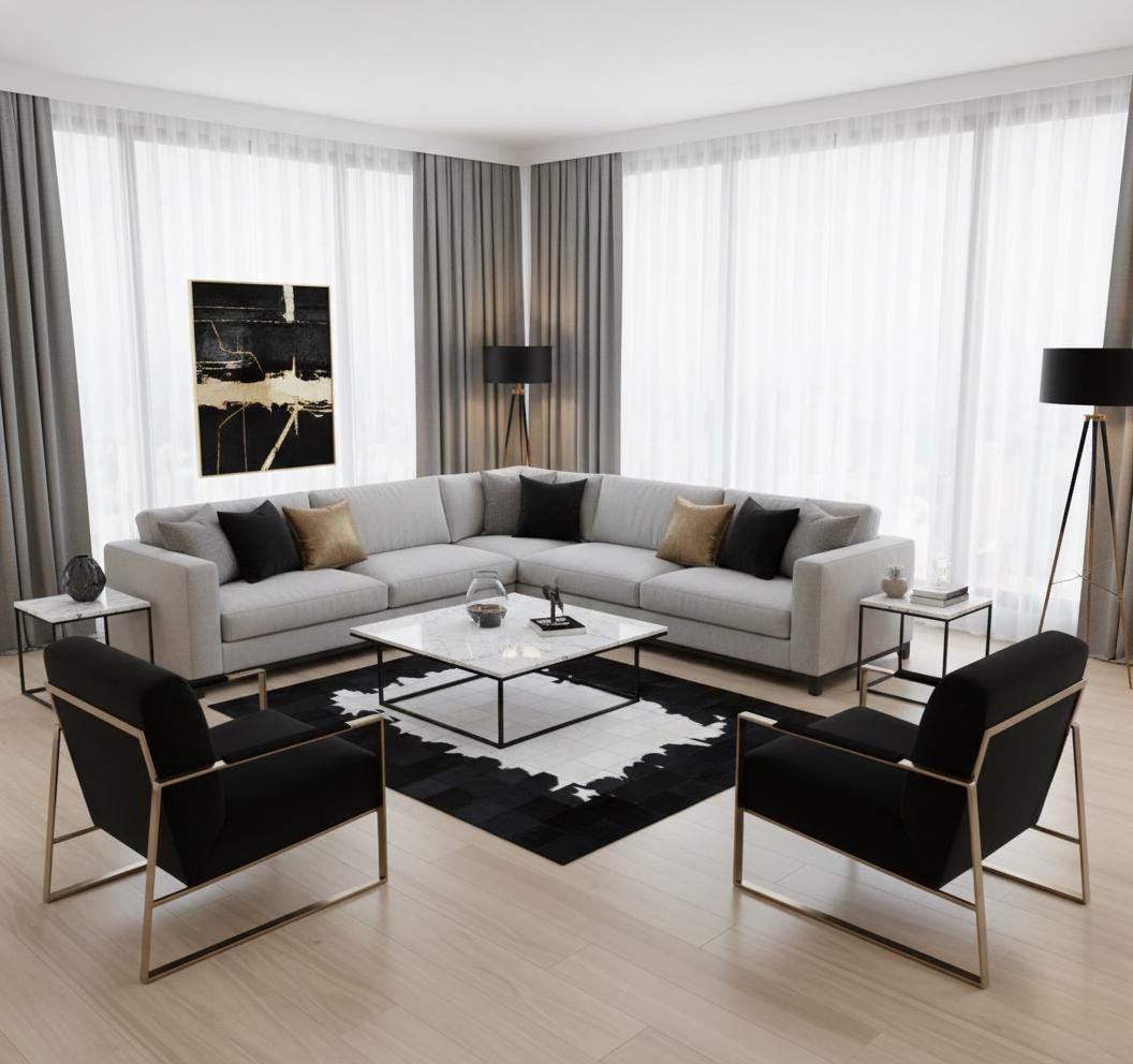 Siyah ve Beyaz Tonlu Dana Derisi Patchwork Halı – El Yapımı Doğal Deri Dekoratif Halı