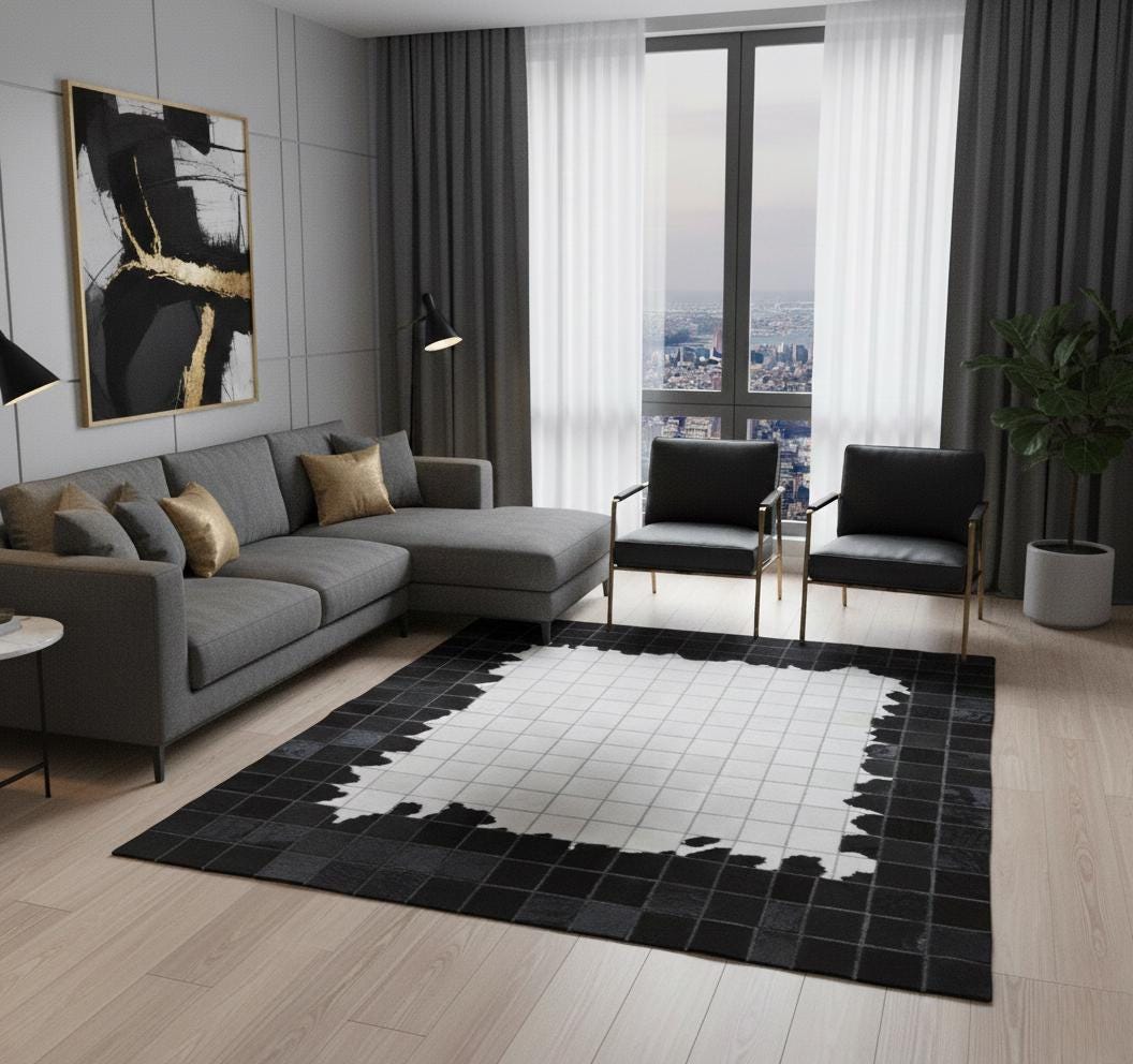 Siyah ve Beyaz Tonlu Dana Derisi Patchwork Halı – El Yapımı Doğal Deri Dekoratif Halı