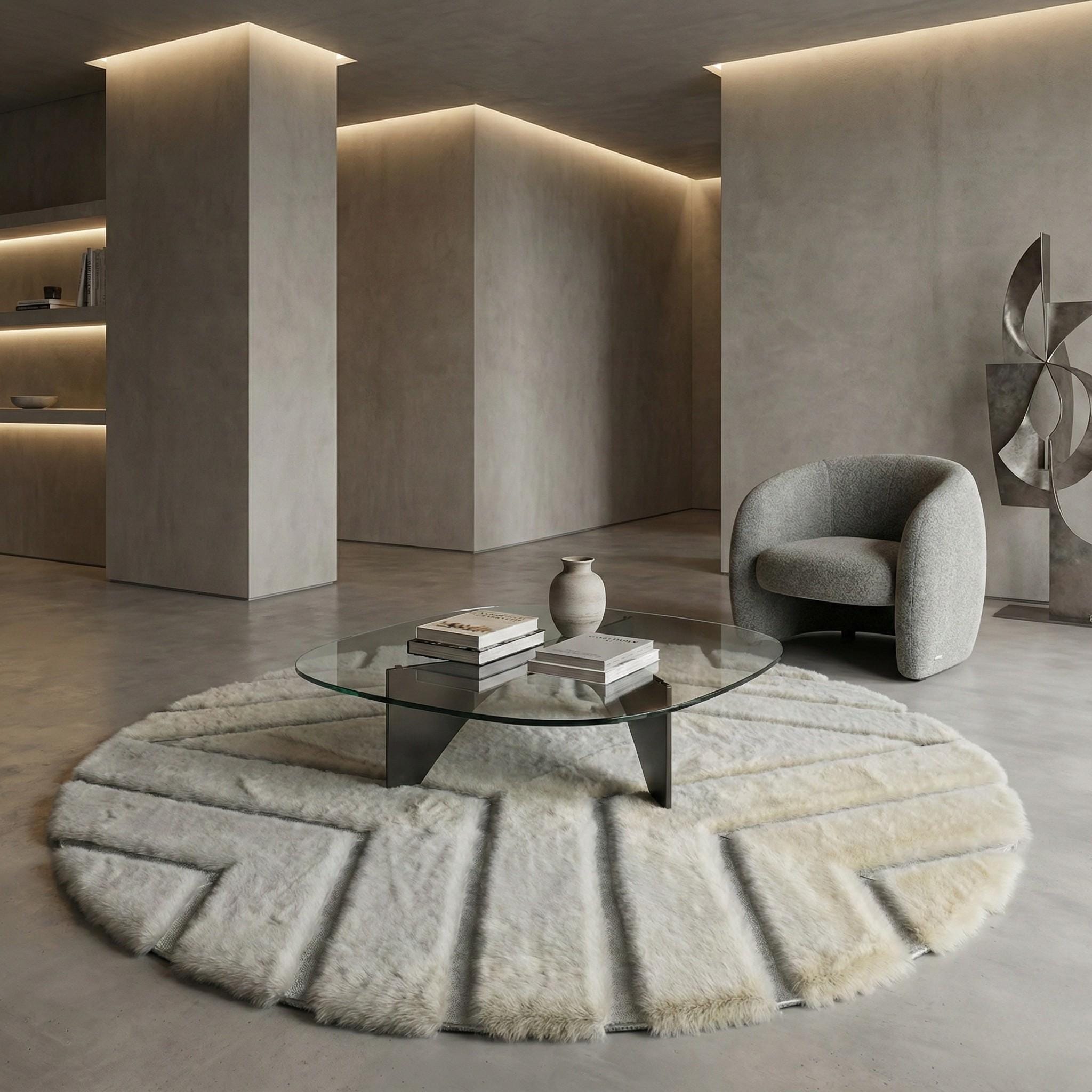 Krem, Beyaz Tonlu Yuvarlak Geometrik Desenli Peluş Halı – Yumuşak Dokulu, Modern Dekoratif Halı