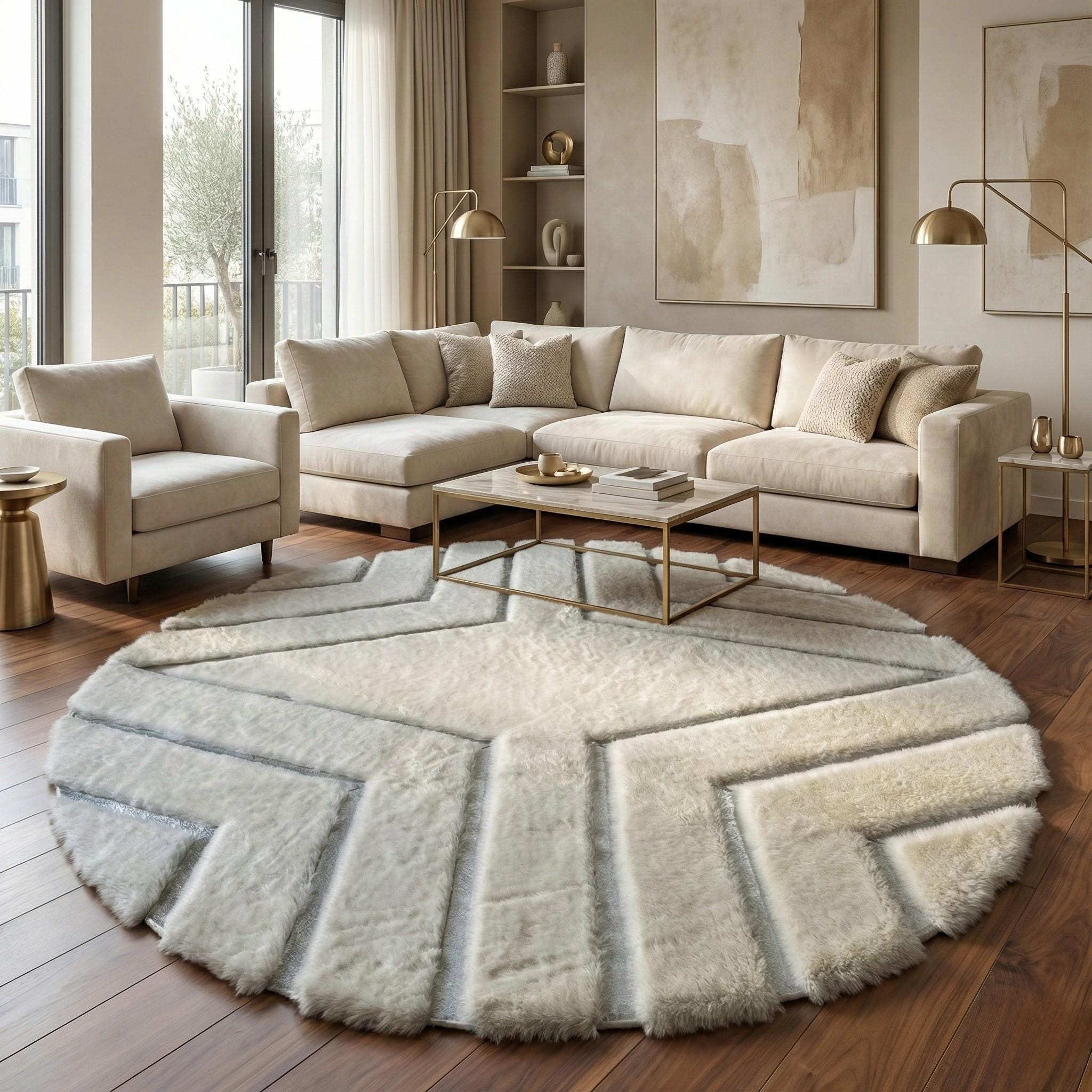 Krem, Beyaz Tonlu Yuvarlak Geometrik Desenli Peluş Halı – Yumuşak Dokulu, Modern Dekoratif Halı