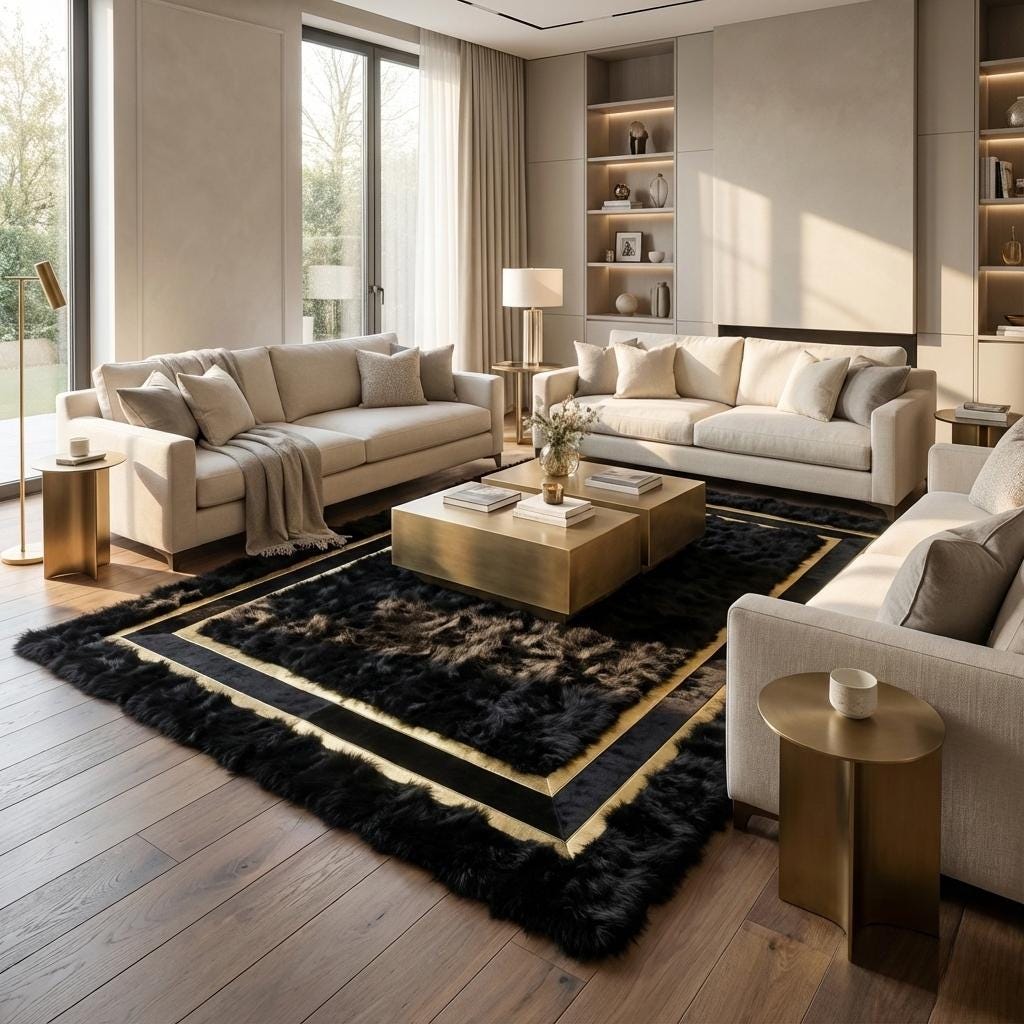 Modern Salonlar İçin Toscana Siyah Kürk Halı – Altın Detaylı