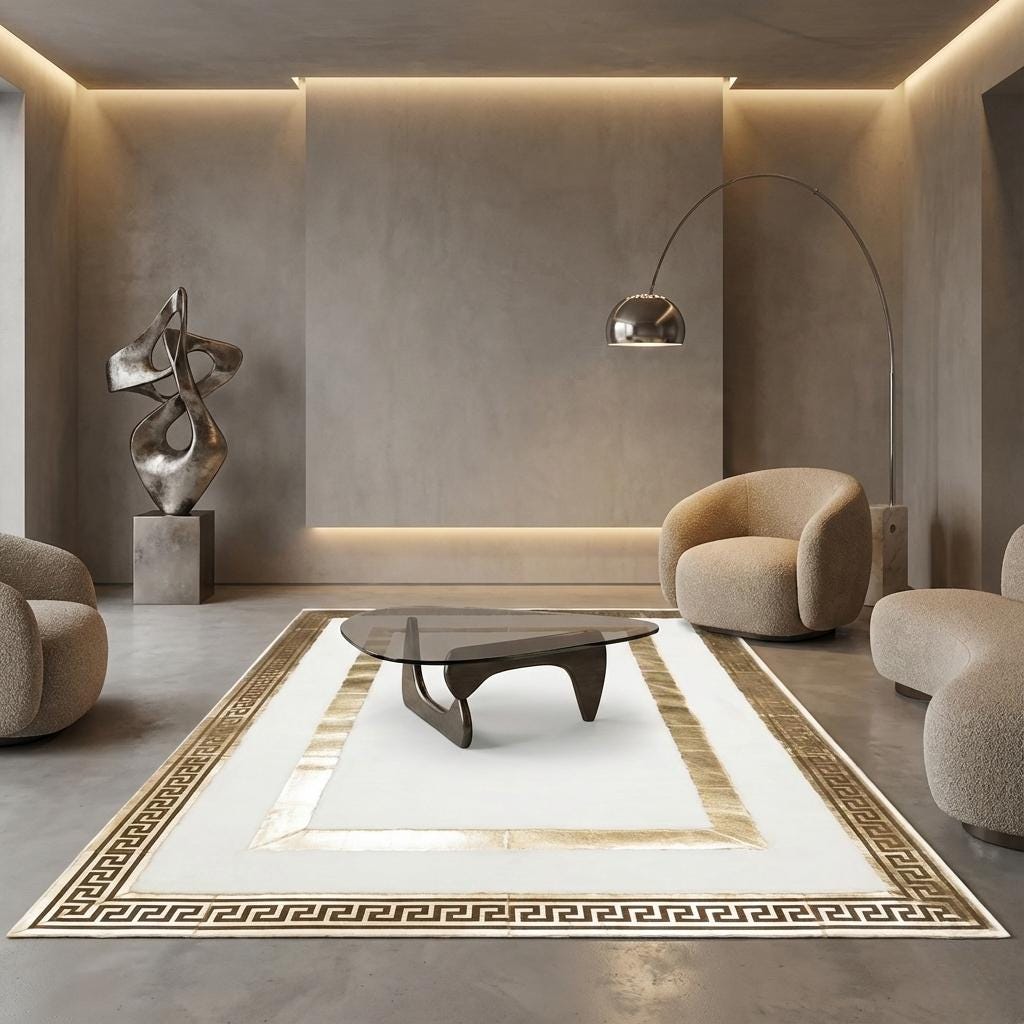 Beyaz Zeminli Altın Bordür Detaylı Peluş Halı – Yumuşak Dokulu,