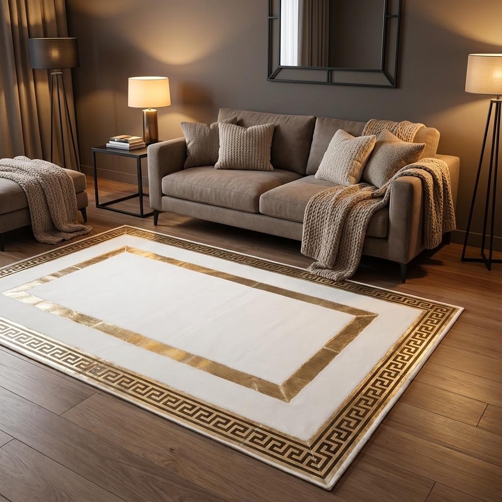 Beyaz Zeminli Altın Bordür Detaylı Peluş Halı – Yumuşak Dokulu,