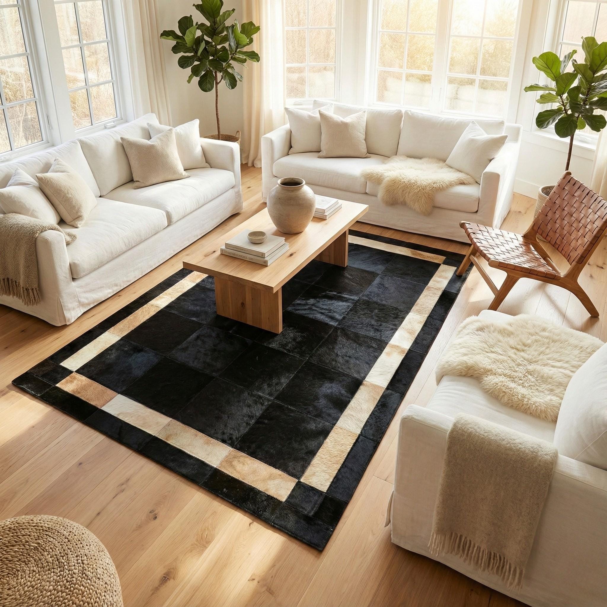 Siyah ve Bej Bordürlü Dana Derisi Patchwork Halı – El Yapımı Doğal Deri Dekoratif Halı