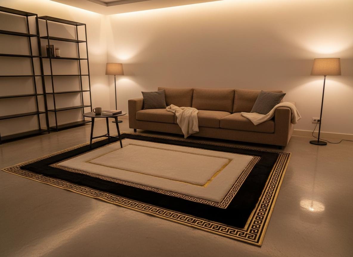 Beyaz Zeminli Siyah ve Altın Bordür Detaylı Peluş Halı