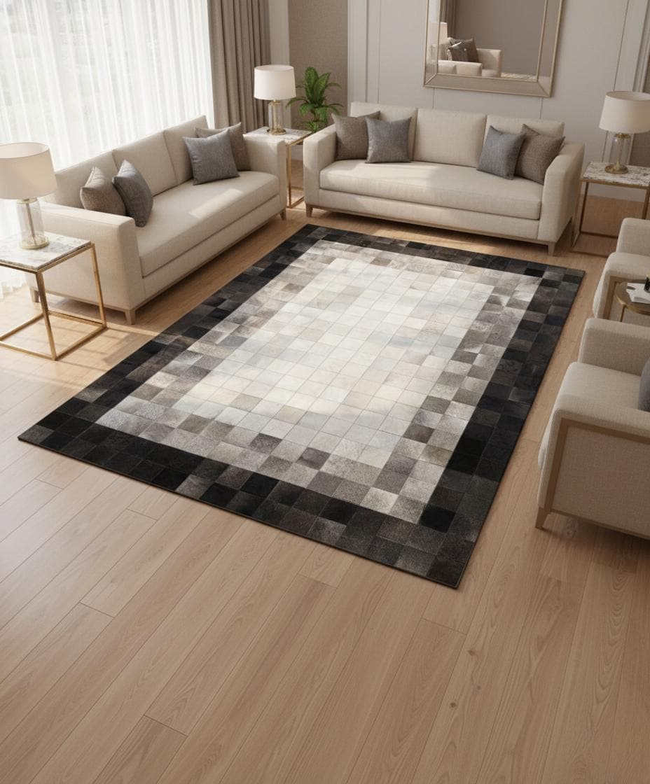 Gri Patchwork Dana Derisi Halı – Modern Geometrik Tasarım, El Yapımı Hakiki Deri Halı