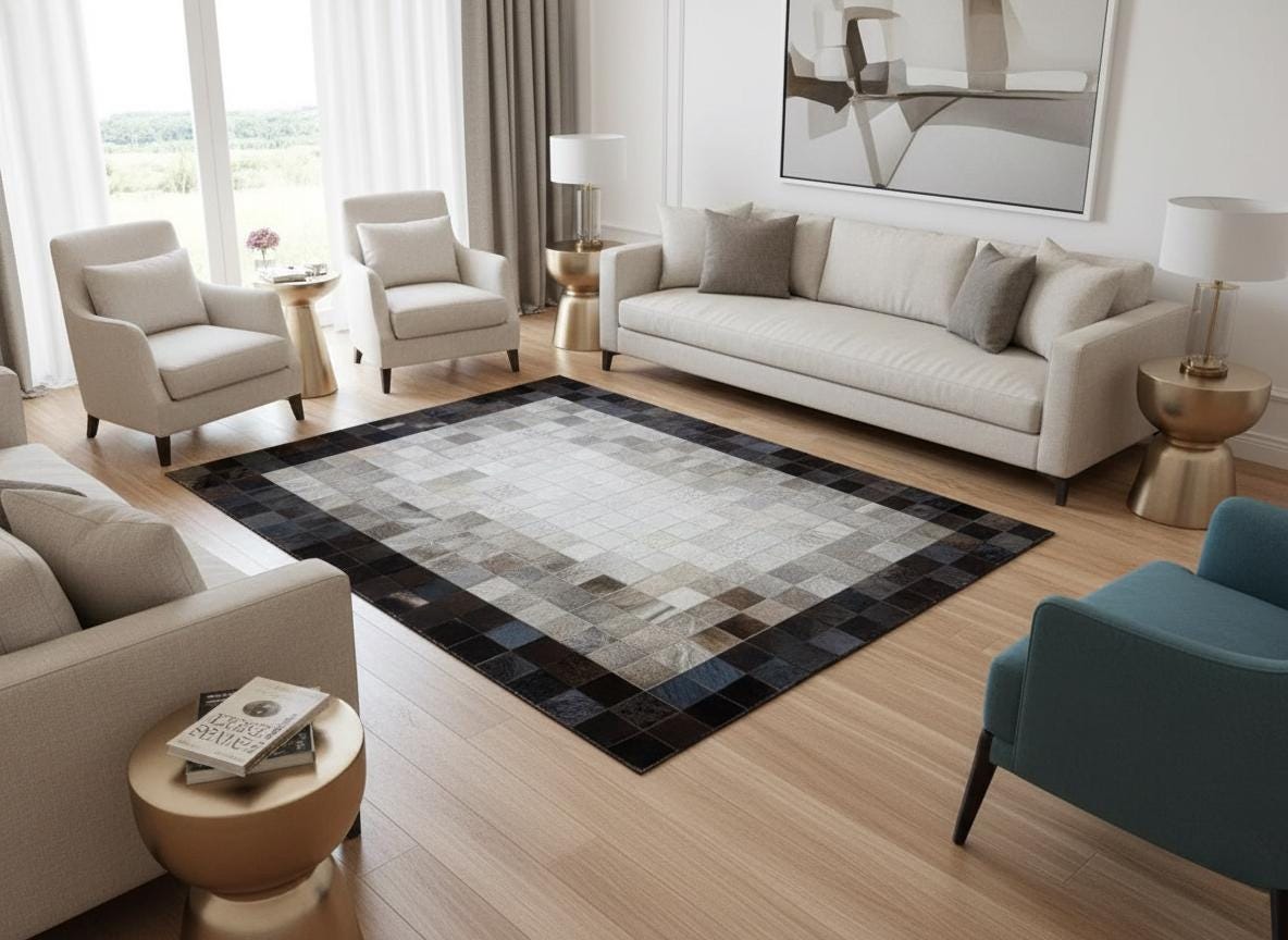 Gri ve Bej Tonlu Dana Derisi Patchwork Halı – El Yapımı Doğal Deri Dekoratif Halı