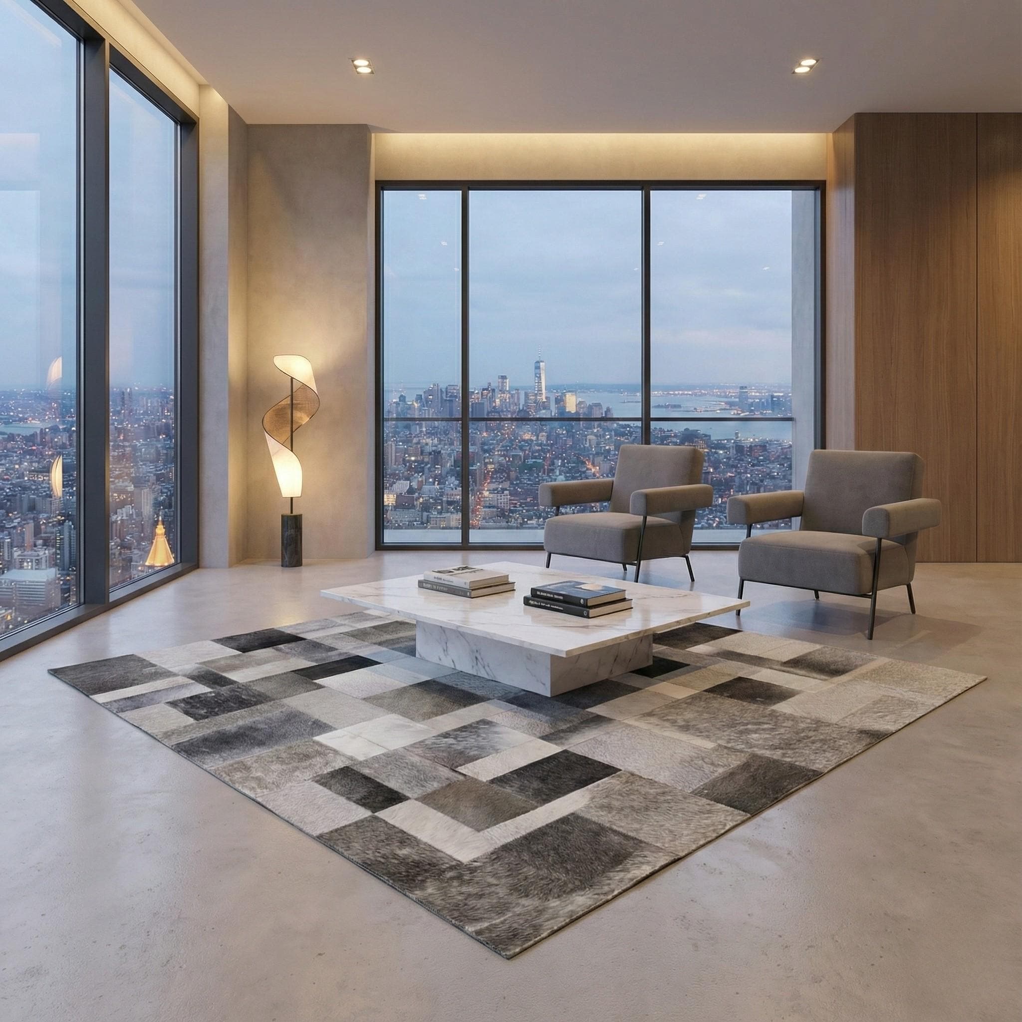 Gri Tonlu Dana Derisi Patchwork Halı – El Yapımı Doğal Deri Dekoratif Halı