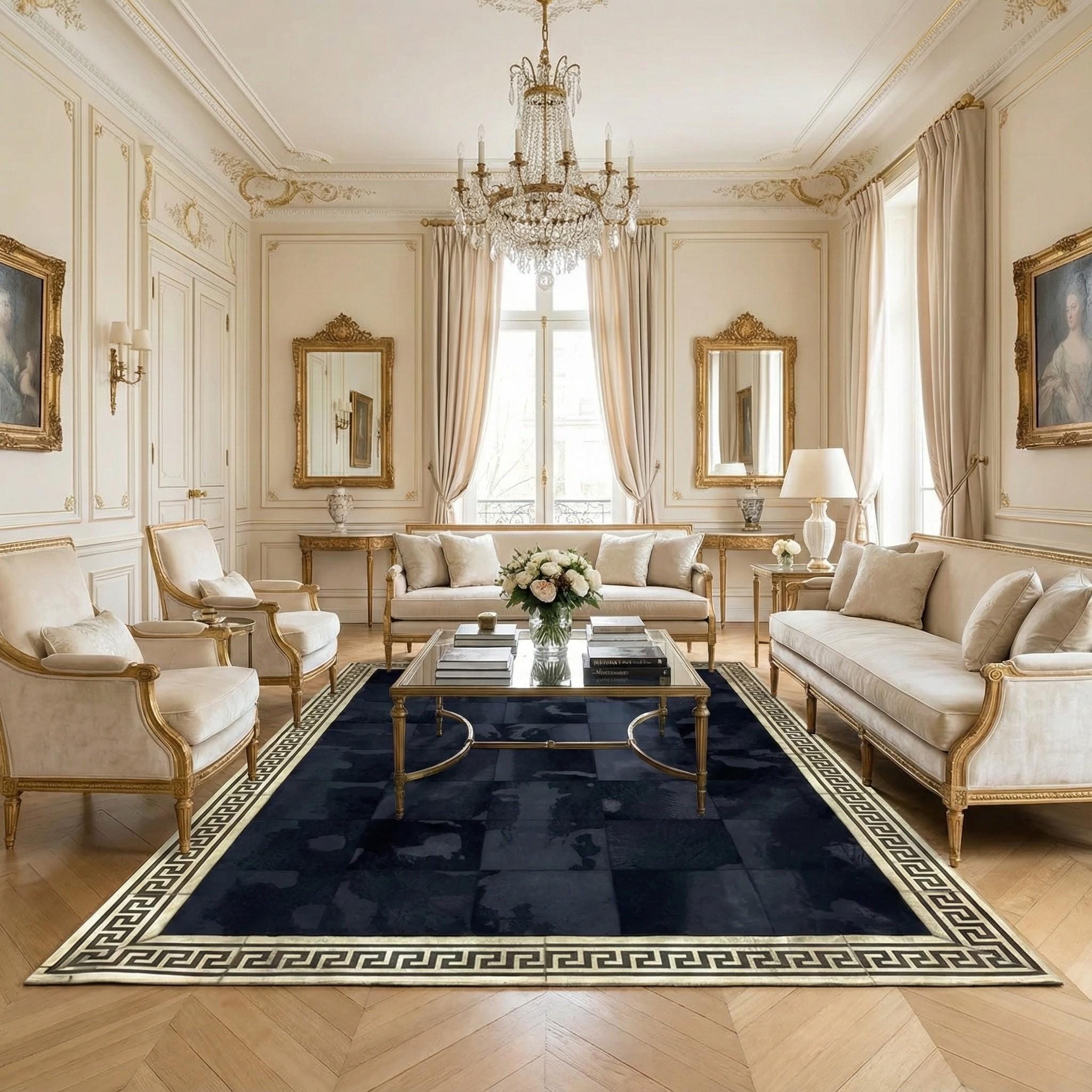 Siyah ve Altın Rengi Kenarlı Dana Derisi Patchwork Halı – El Yapımı Doğal Deri Dekoratif Halı