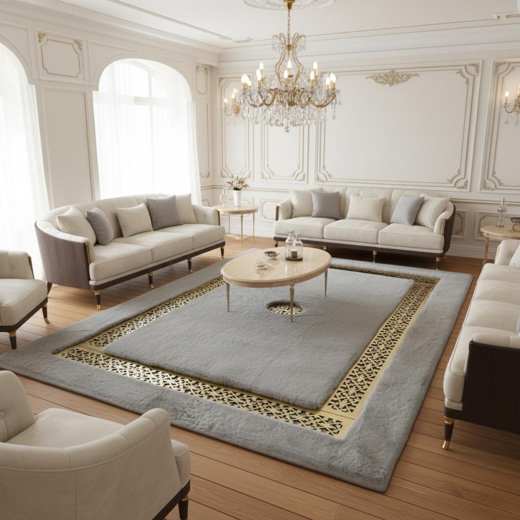 Gri Zeminli Altın Bordür Detaylı Peluş Halı – Yumuşak Dokulu, Şık ve Dekoratif Halı