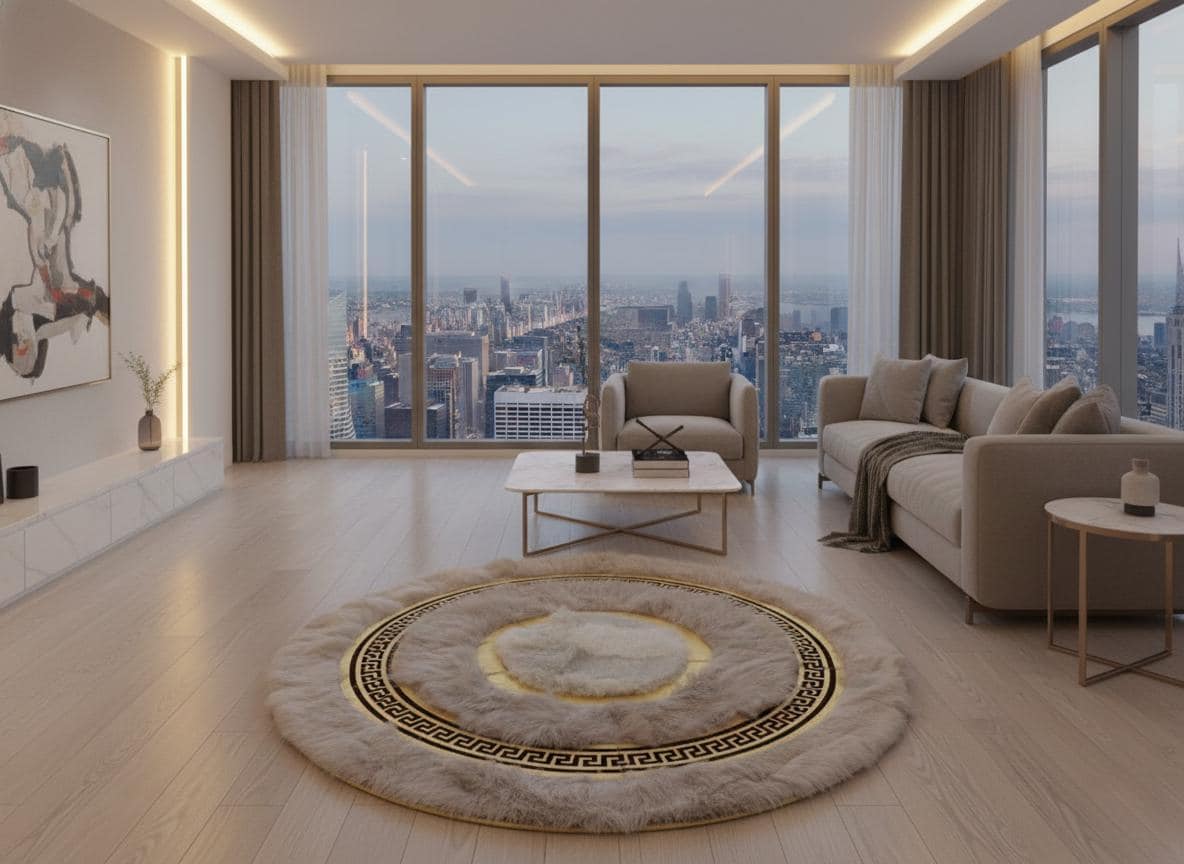 Krem Zeminli Beyaz Merkezli Altın Detaylı Yuvarlak Toskana Halı