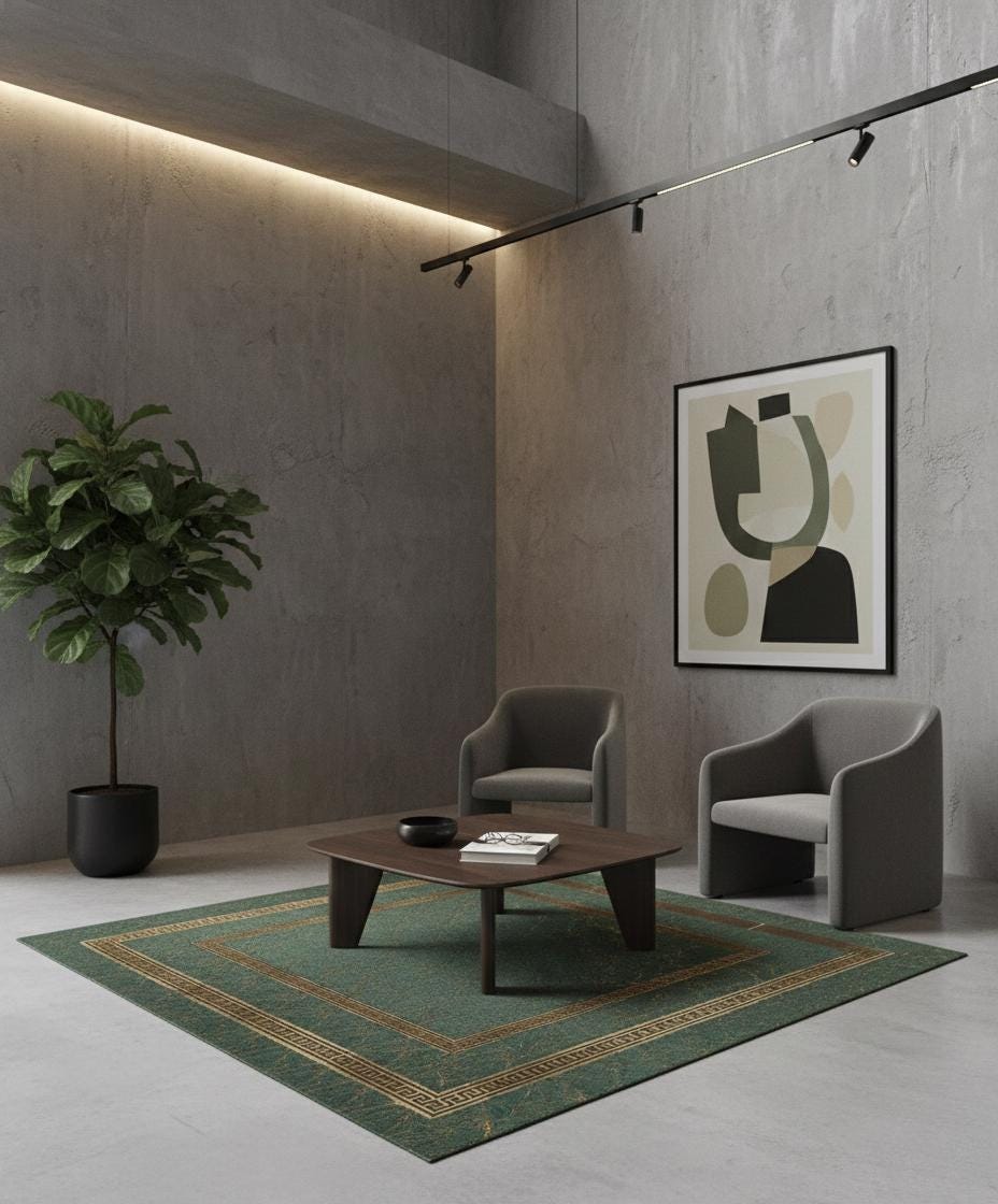 Yeşil Zeminli Desenli Altın Bordürlü Peluş Halı – Yumuşak Dokulu, Modern ve Dekoratif Halı