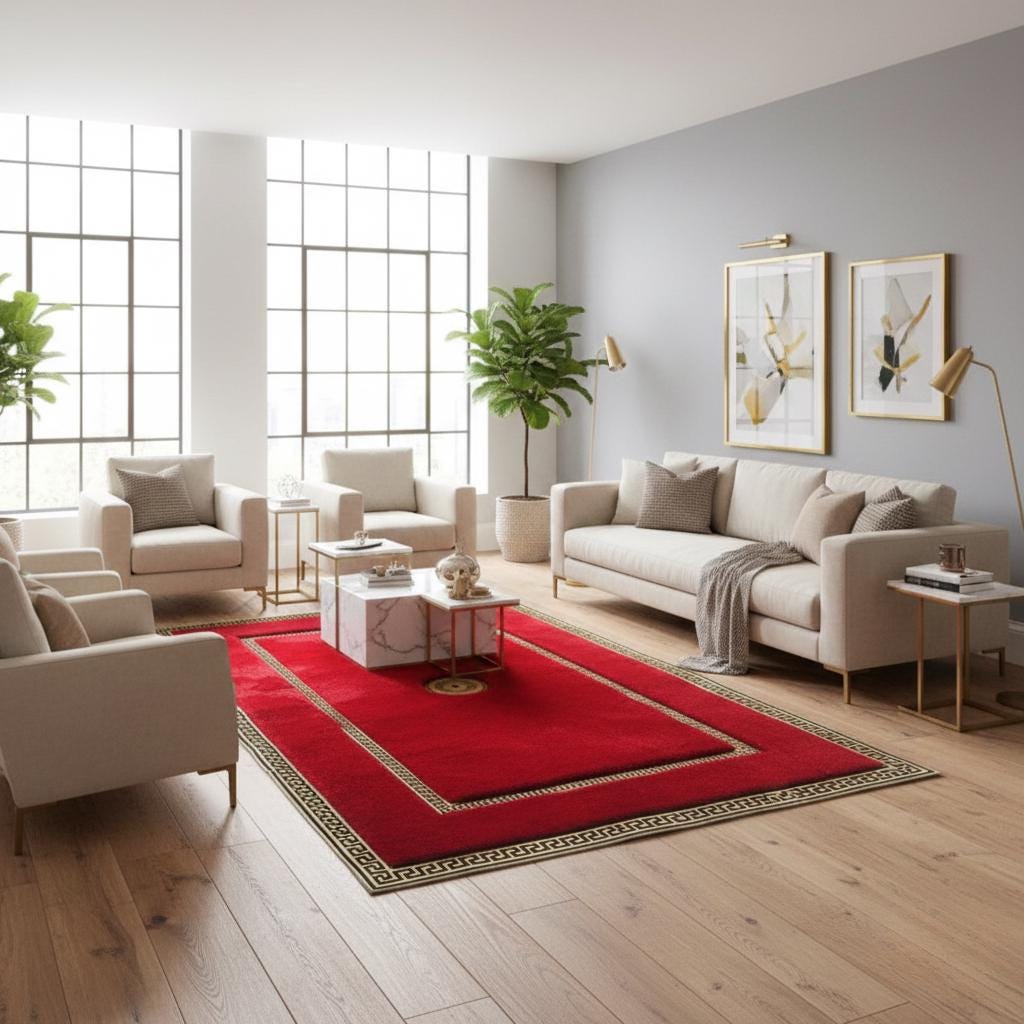 Kırmızı Zeminli Altın Bordür Detaylı Peluş Halı – Yumuşak Dokulu, Şık ve Dekoratif Halı