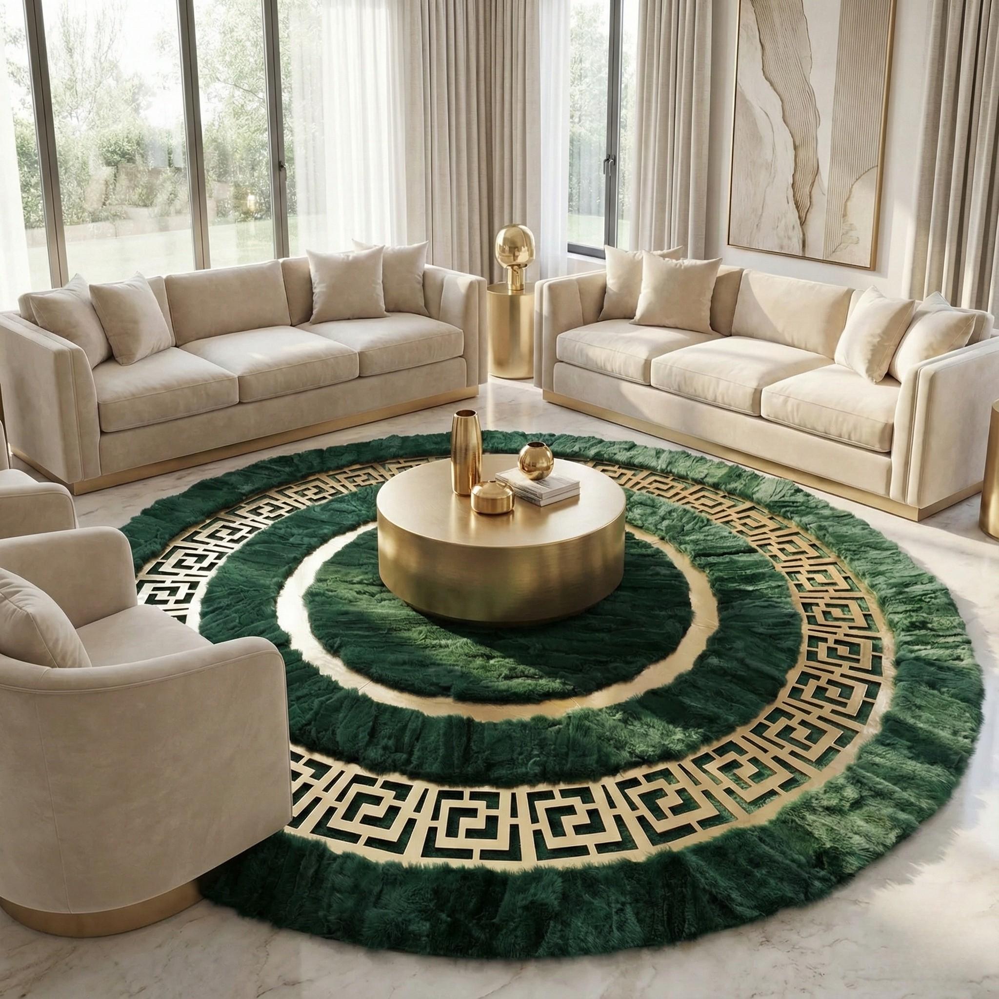 Zümrüt Yeşili Zeminli Altın Çember Detaylı Yuvarlak Rex Tavşan Kürkü Halı