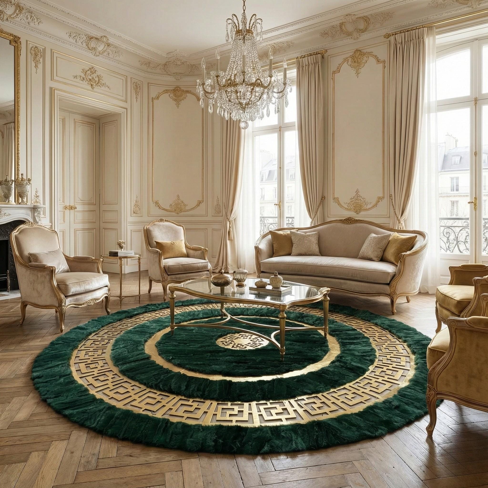 Zümrüt Yeşili Zeminli Altın Çember Detaylı Yuvarlak Rex Tavşan Kürkü Halı