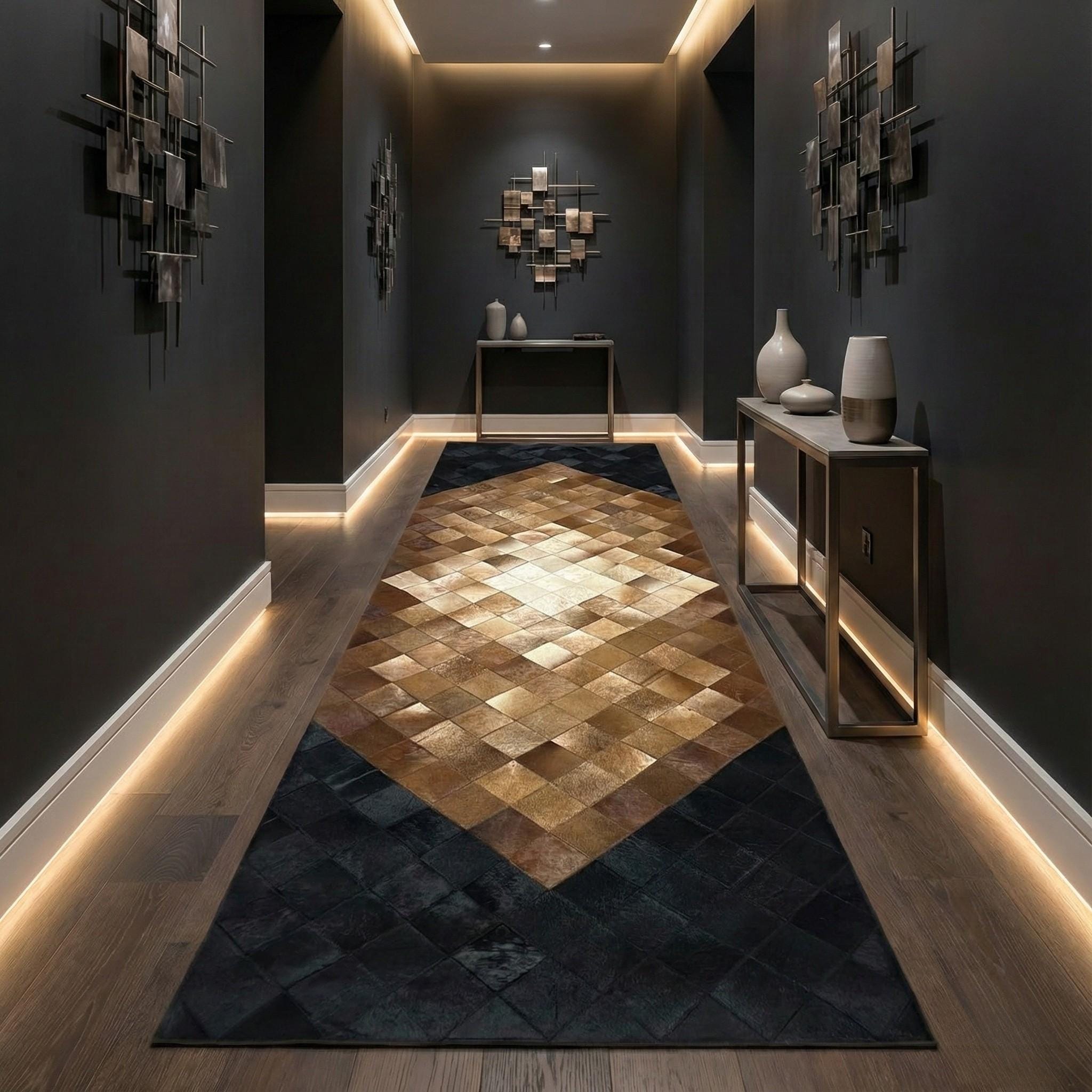 Siyah, Kahverengi ve Koyu Tonlu Dana Derisi Patchwork Runner Halı