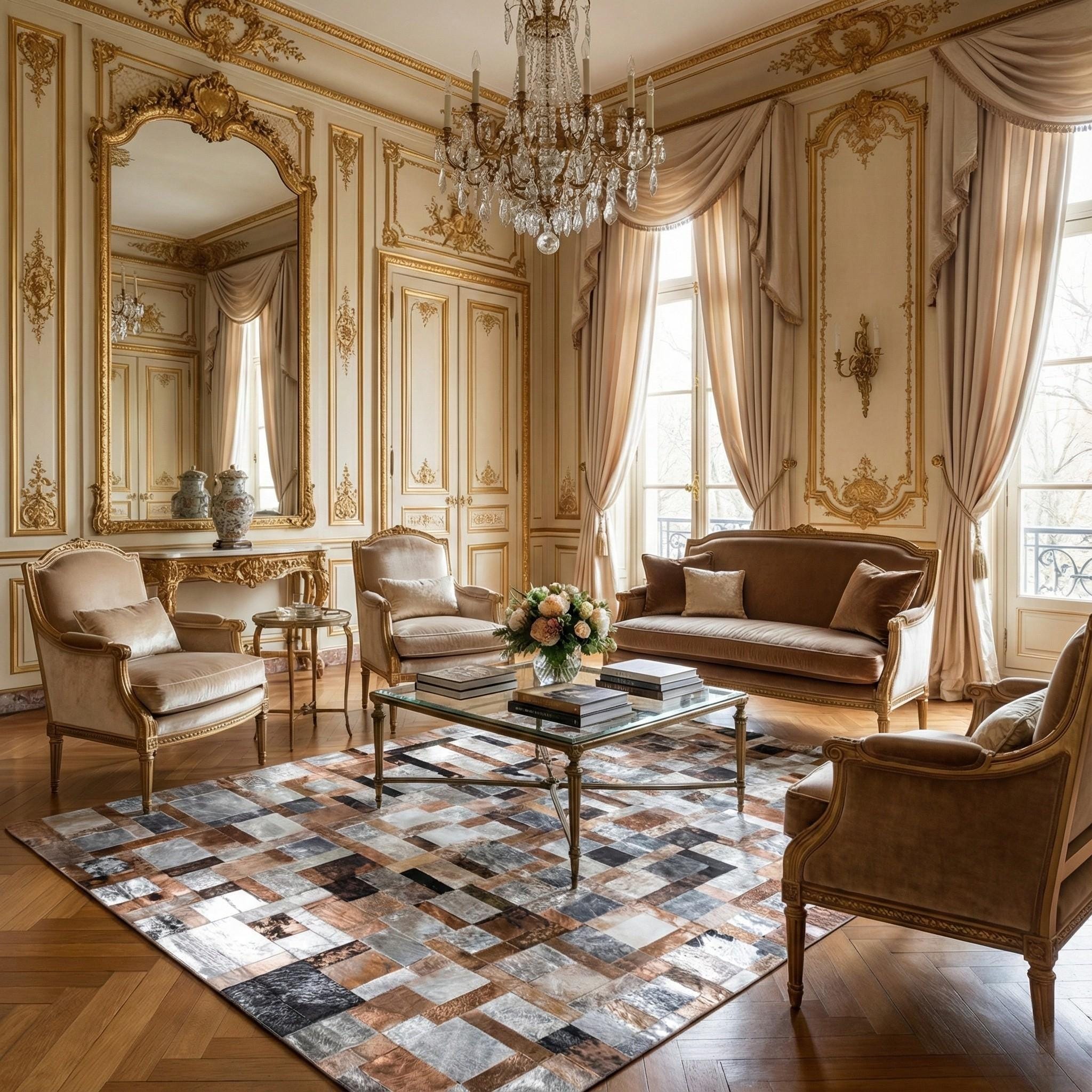 Kahverengi ve Gri Tonlu Dana Derisi Patchwork Halı