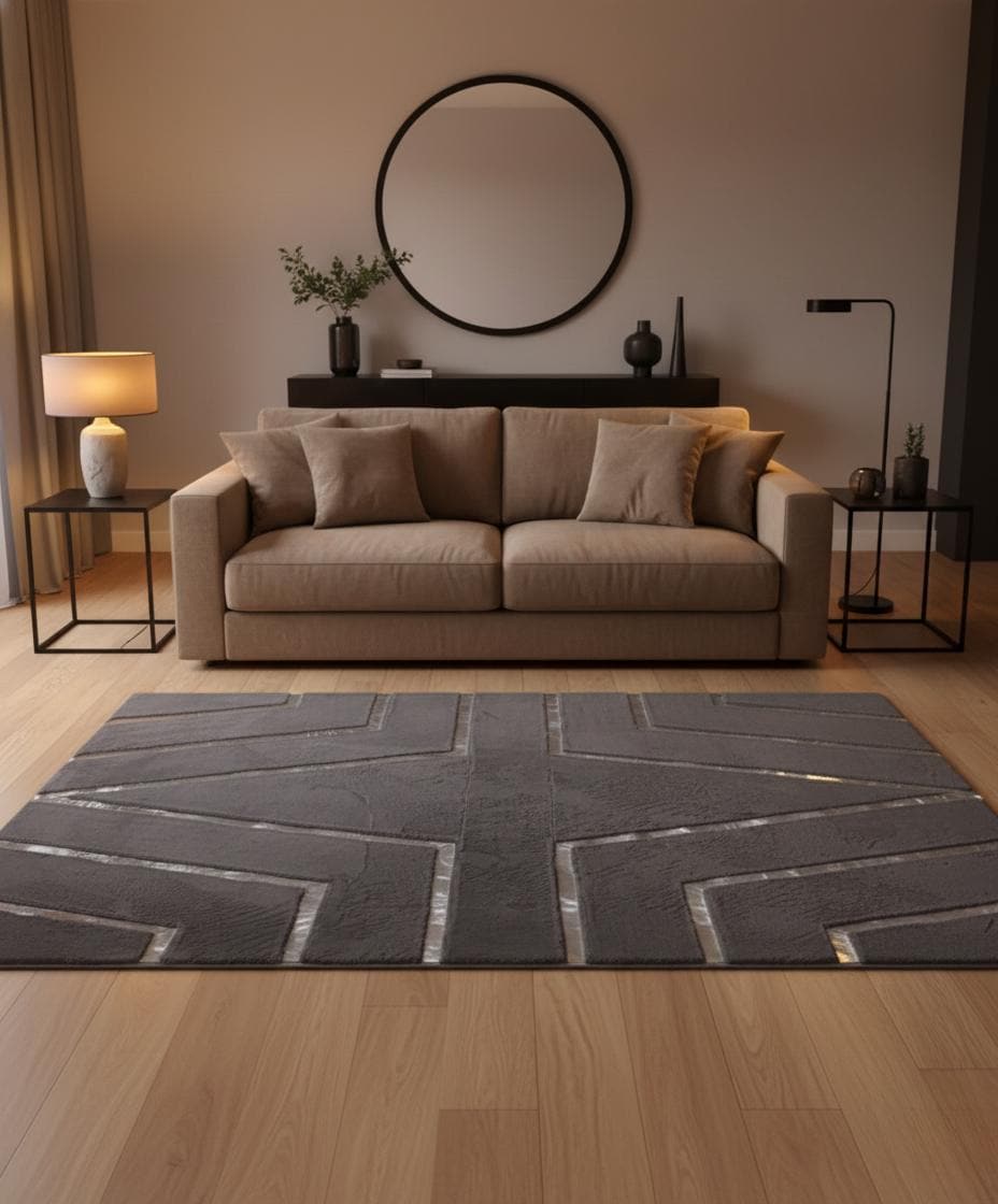 Gri Zeminli Gümüş Desenli Peluş Halı – Yumuşak Dokulu, Modern ve Dekoratif Halı