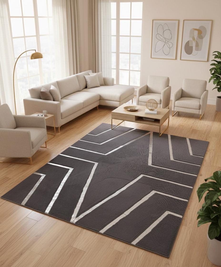 Gri Zeminli Gümüş Desenli Peluş Halı – Yumuşak Dokulu, Modern ve Dekoratif Halı